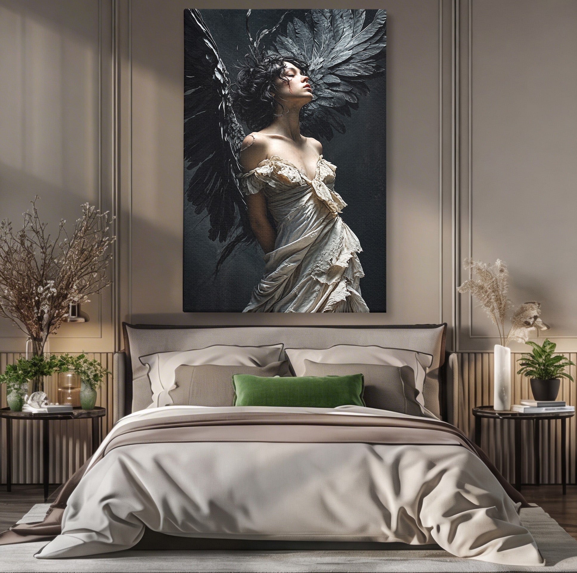 Tablou Canvas Premium LuxCanva® U1028, Ingerul Intunecat,  Aripi, Eleganta, Mister, Inger, Dormitor, Culori Vibrante