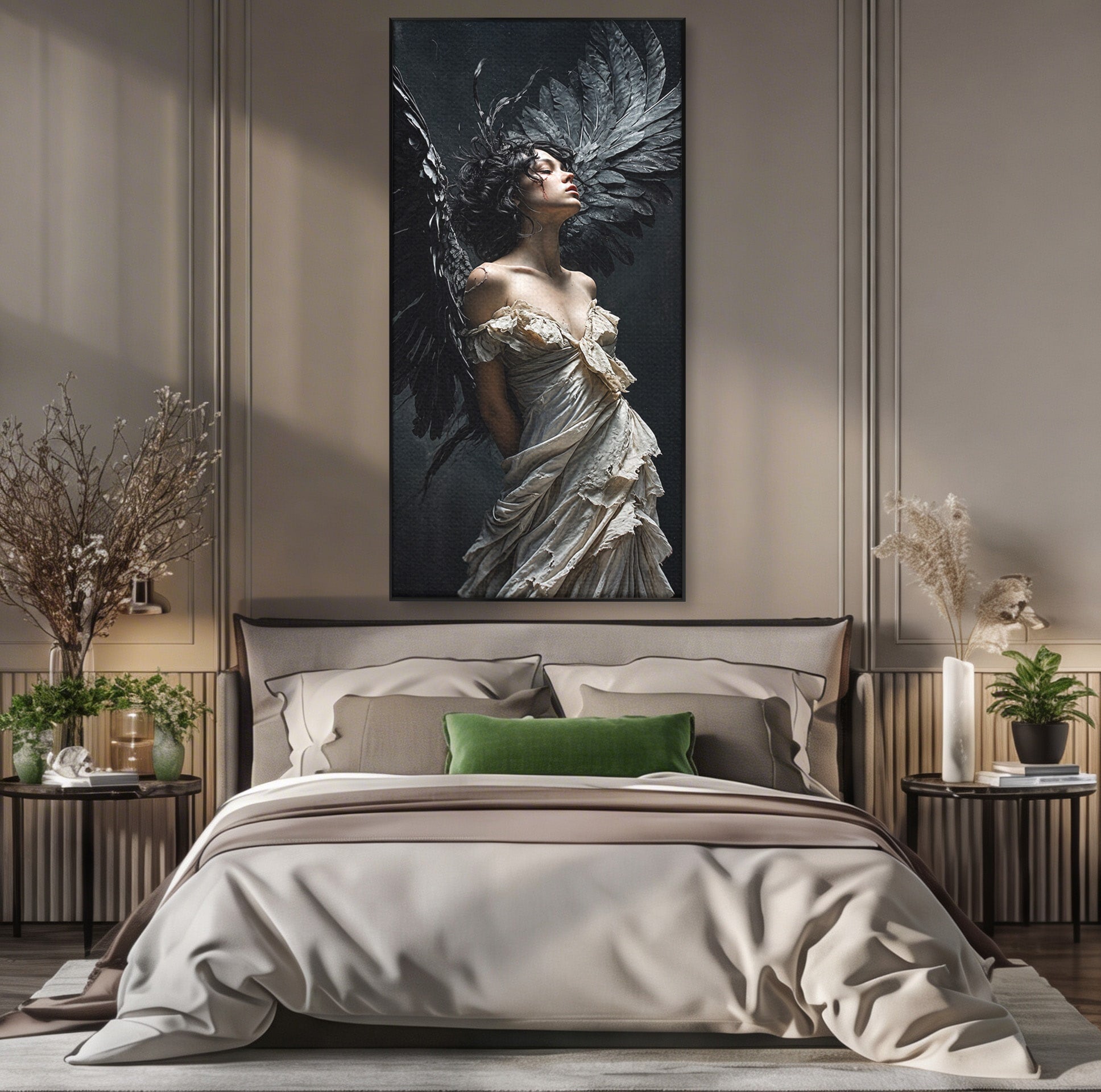 Tablou Canvas Premium LuxCanva® U1028, Ingerul Intunecat,  Aripi, Eleganta, Mister, Inger, Dormitor, Culori Vibrante