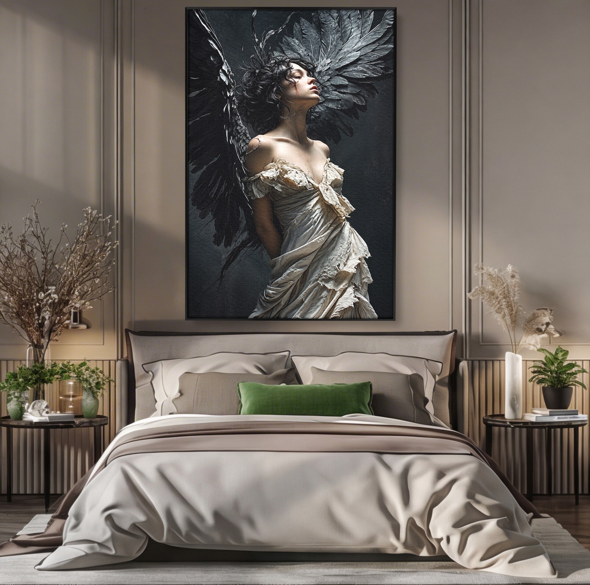 Tablou Canvas Premium LuxCanva® U1028, Ingerul Intunecat,  Aripi, Eleganta, Mister, Inger, Dormitor, Culori Vibrante