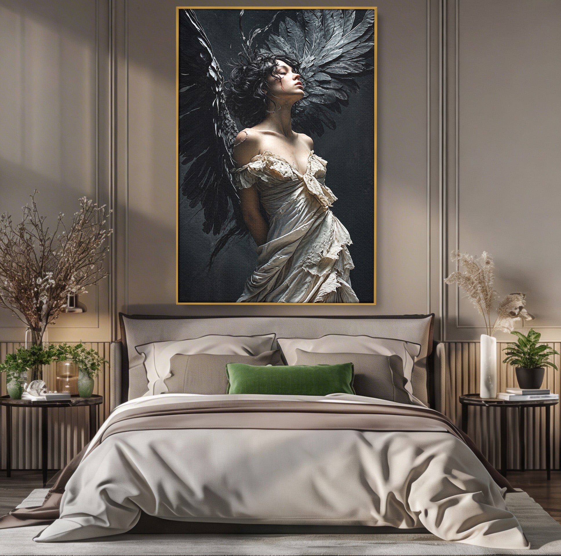 Tablou Canvas Premium LuxCanva® U1028, Ingerul Intunecat,  Aripi, Eleganta, Mister, Inger, Dormitor, Culori Vibrante