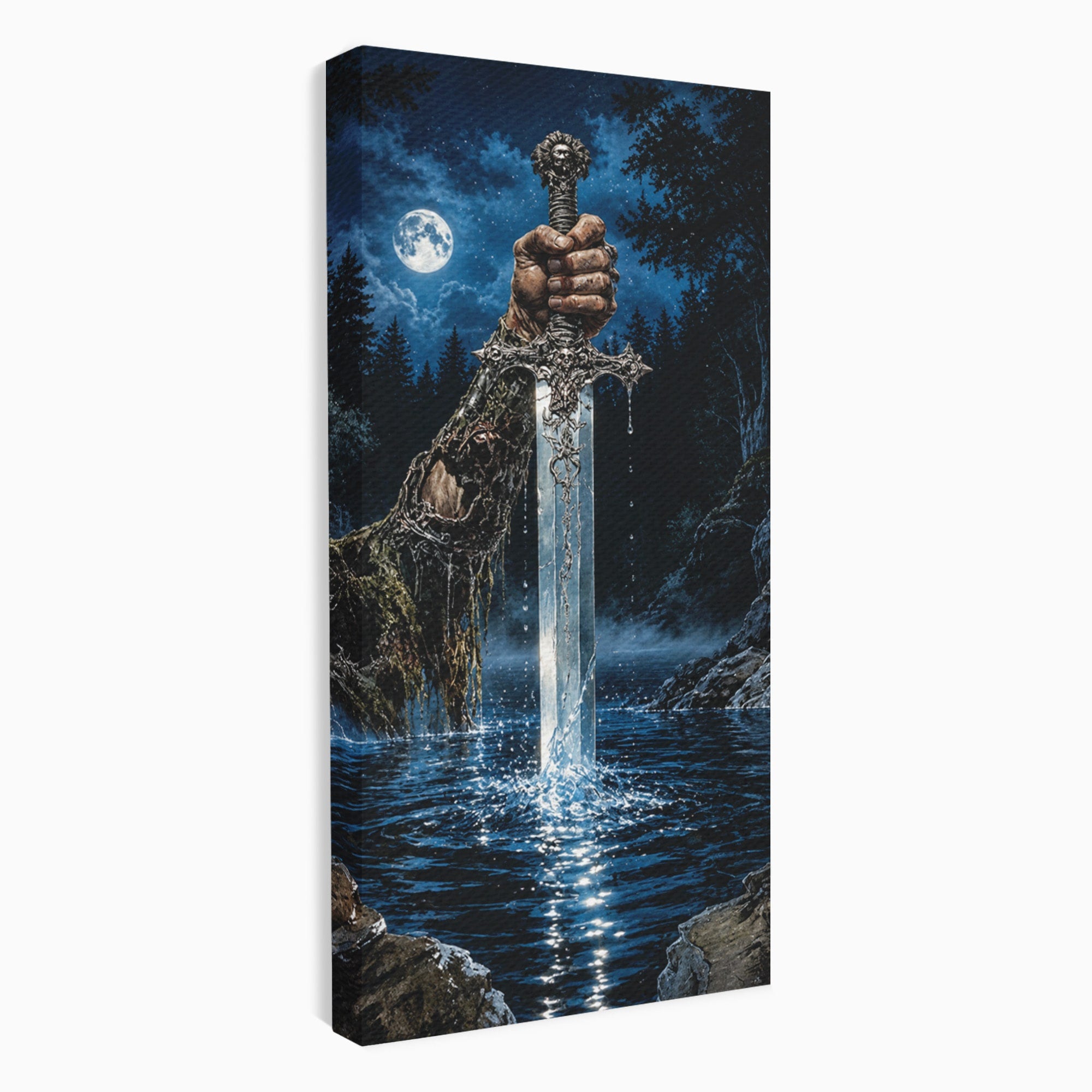Tablou Canvas Premium LuxCanva® U1029, Mana Cu Sabie Magica, Noapte, Mister, Sabie,  Living, Culori Vibrante