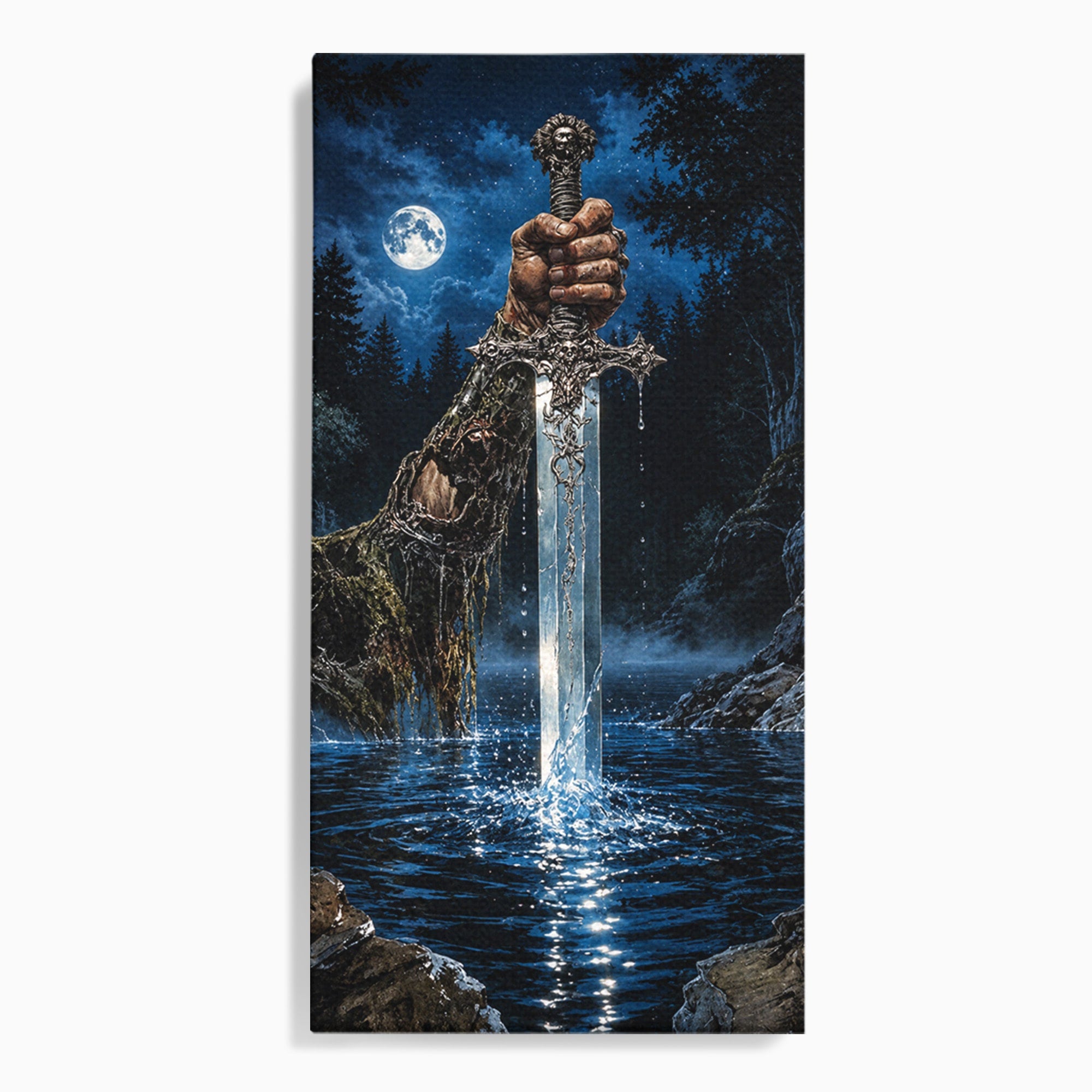 Tablou Canvas Premium LuxCanva® U1029, Mana Cu Sabie Magica, Noapte, Mister, Sabie,  Living, Culori Vibrante