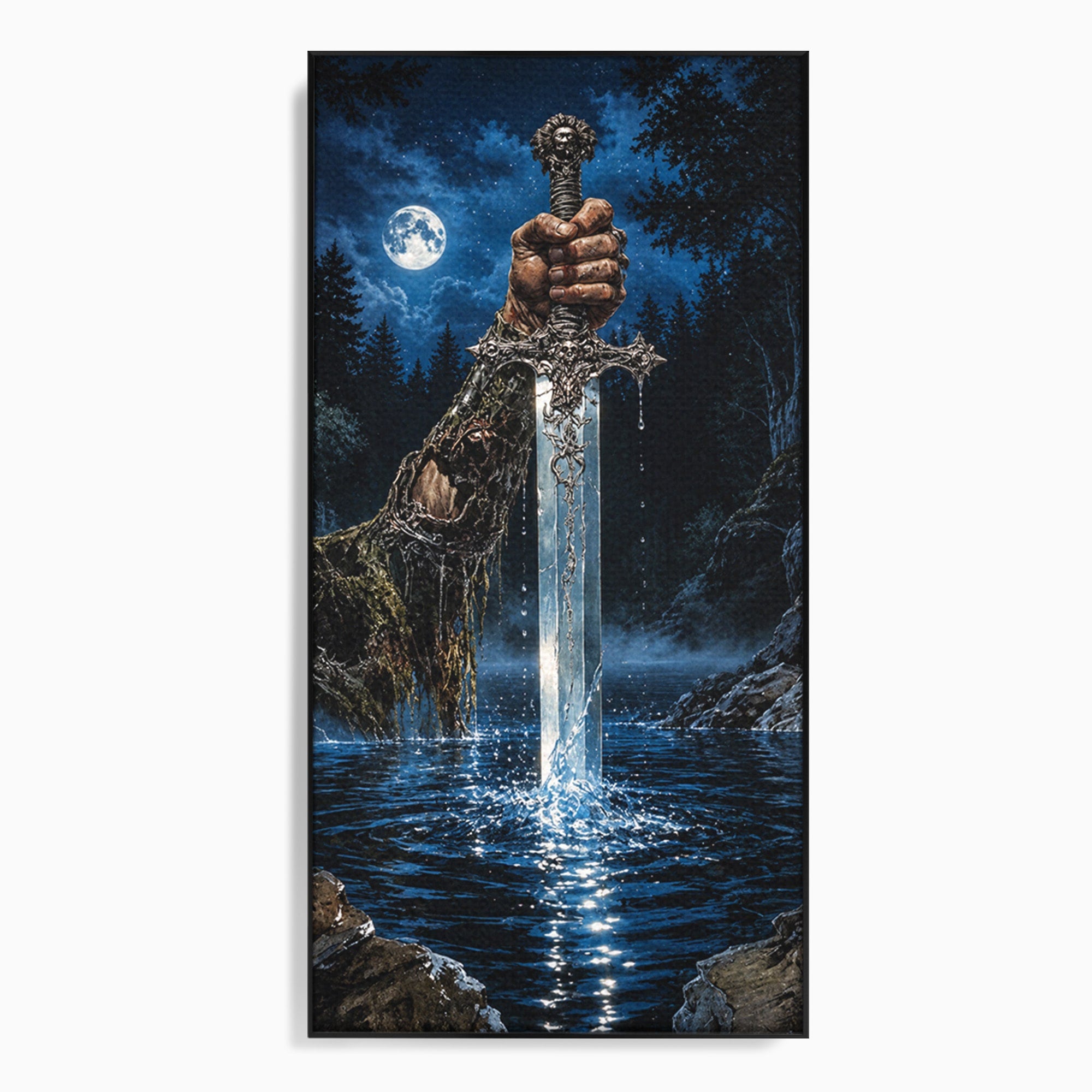 Tablou Canvas Premium LuxCanva® U1029, Mana Cu Sabie Magica, Noapte, Mister, Sabie,  Living, Culori Vibrante
