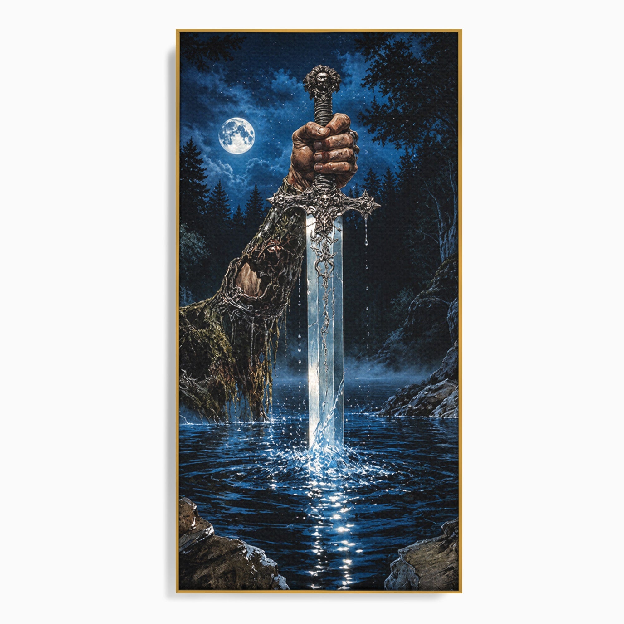 Tablou Canvas Premium LuxCanva® U1029, Mana Cu Sabie Magica, Noapte, Mister, Sabie,  Living, Culori Vibrante
