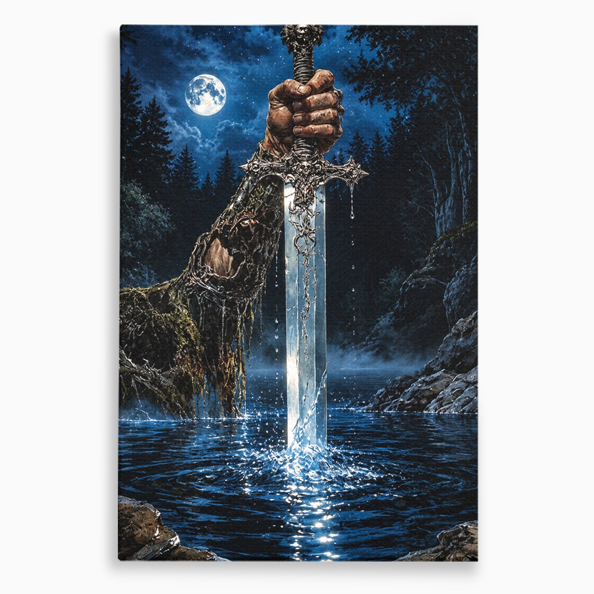 Tablou Canvas Premium LuxCanva® U1029, Mana Cu Sabie Magica, Noapte, Mister, Sabie,  Living, Culori Vibrante