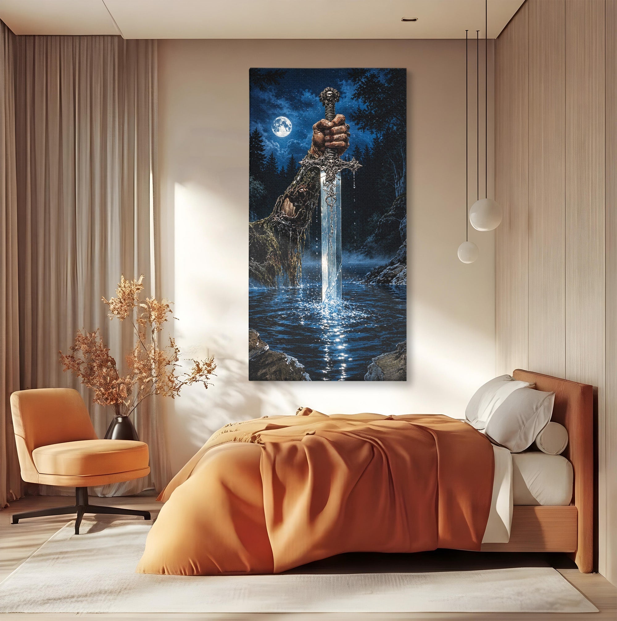 Tablou Canvas Premium LuxCanva® U1029, Mana Cu Sabie Magica, Noapte, Mister, Sabie,  Living, Culori Vibrante