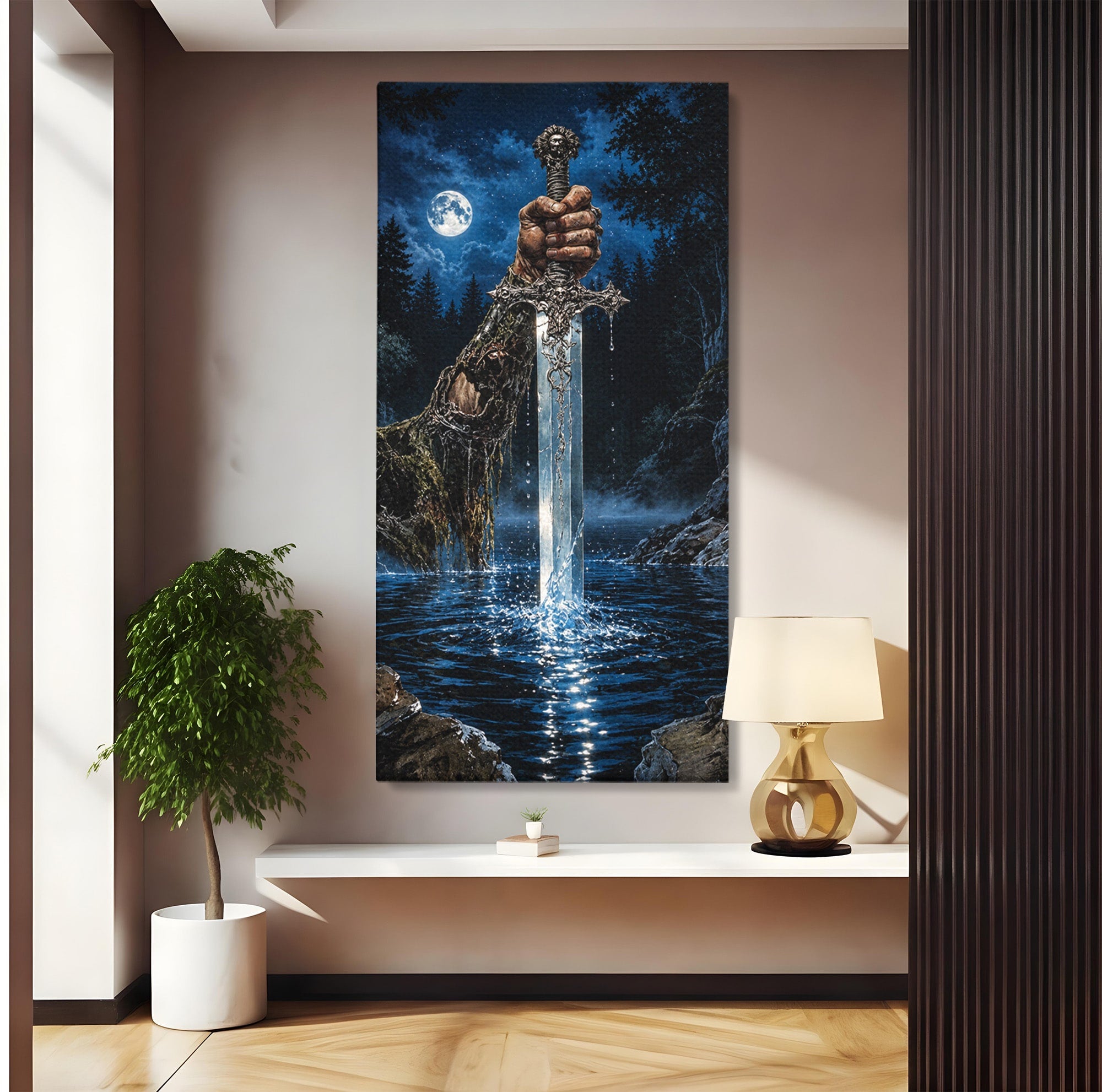 Tablou Canvas Premium LuxCanva® U1029, Mana Cu Sabie Magica, Noapte, Mister, Sabie,  Living, Culori Vibrante