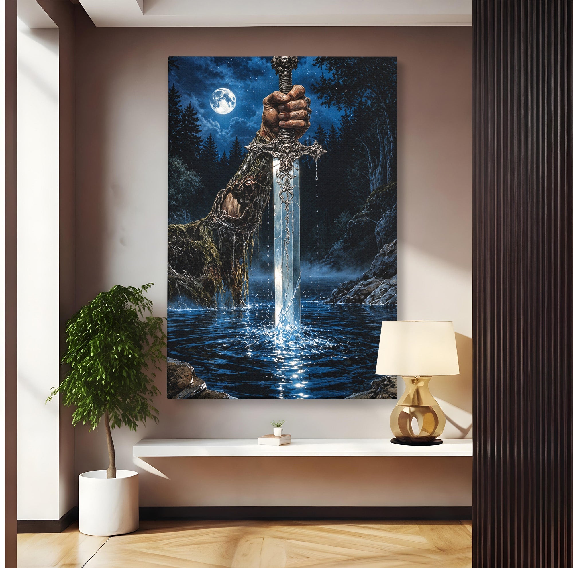 Tablou Canvas Premium LuxCanva® U1029, Mana Cu Sabie Magica, Noapte, Mister, Sabie,  Living, Culori Vibrante