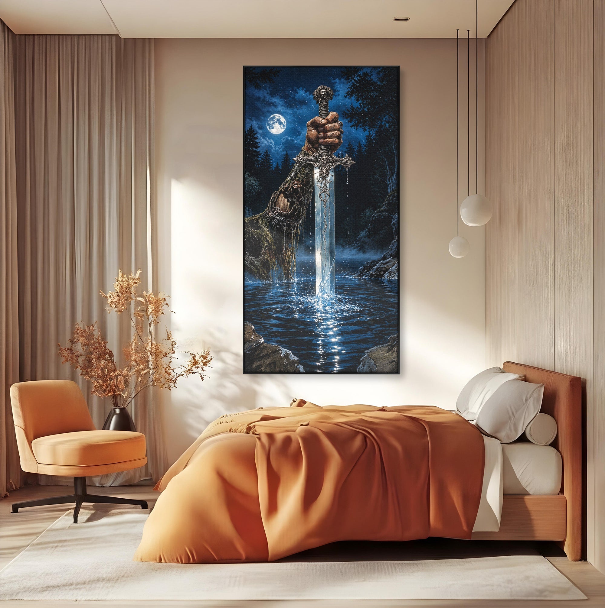 Tablou Canvas Premium LuxCanva® U1029, Mana Cu Sabie Magica, Noapte, Mister, Sabie,  Living, Culori Vibrante