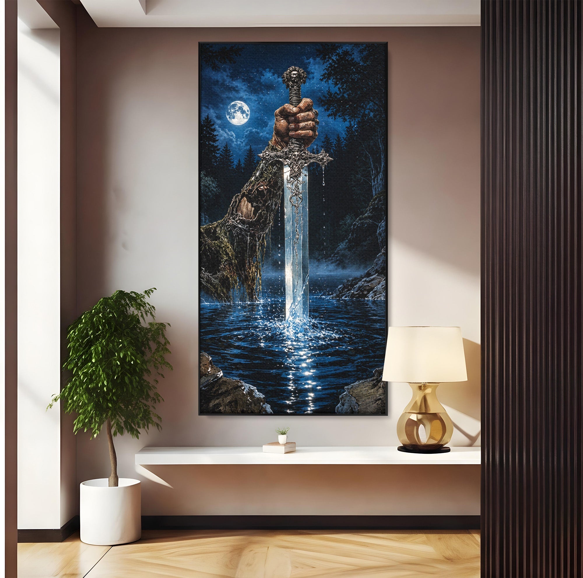 Tablou Canvas Premium LuxCanva® U1029, Mana Cu Sabie Magica, Noapte, Mister, Sabie,  Living, Culori Vibrante