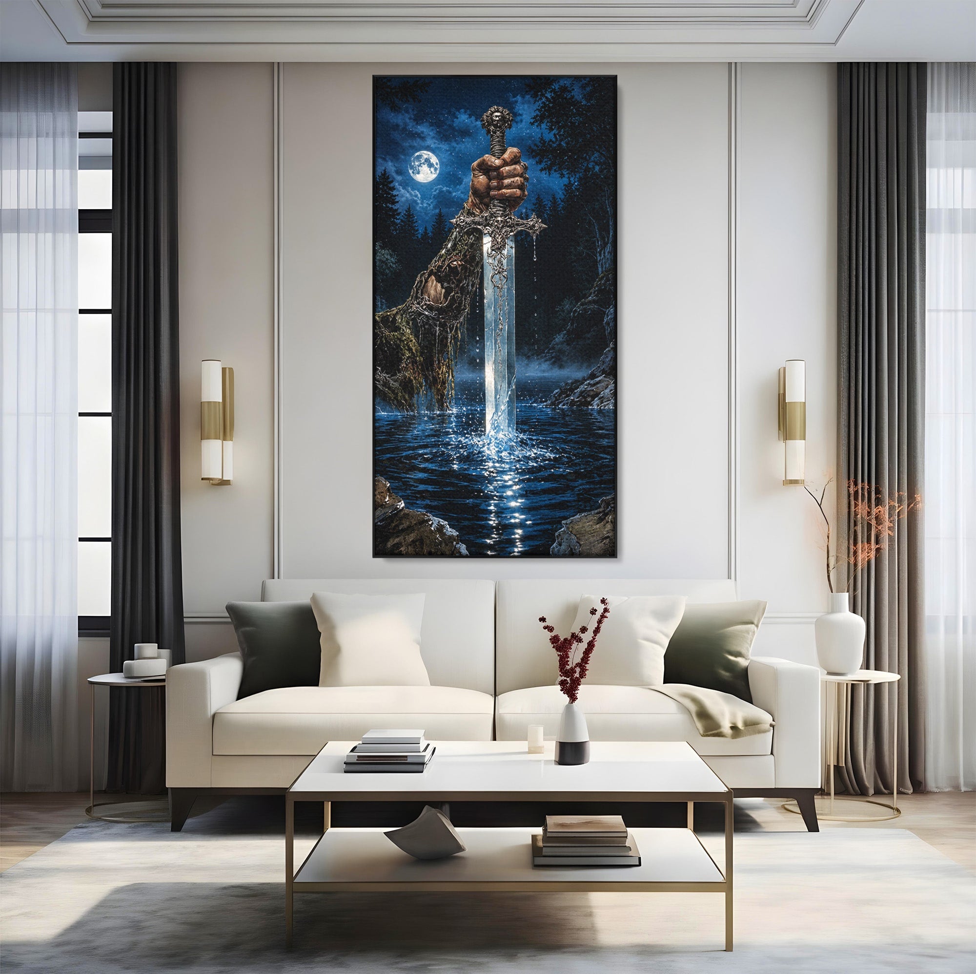 Tablou Canvas Premium LuxCanva® U1029, Mana Cu Sabie Magica, Noapte, Mister, Sabie,  Living, Culori Vibrante