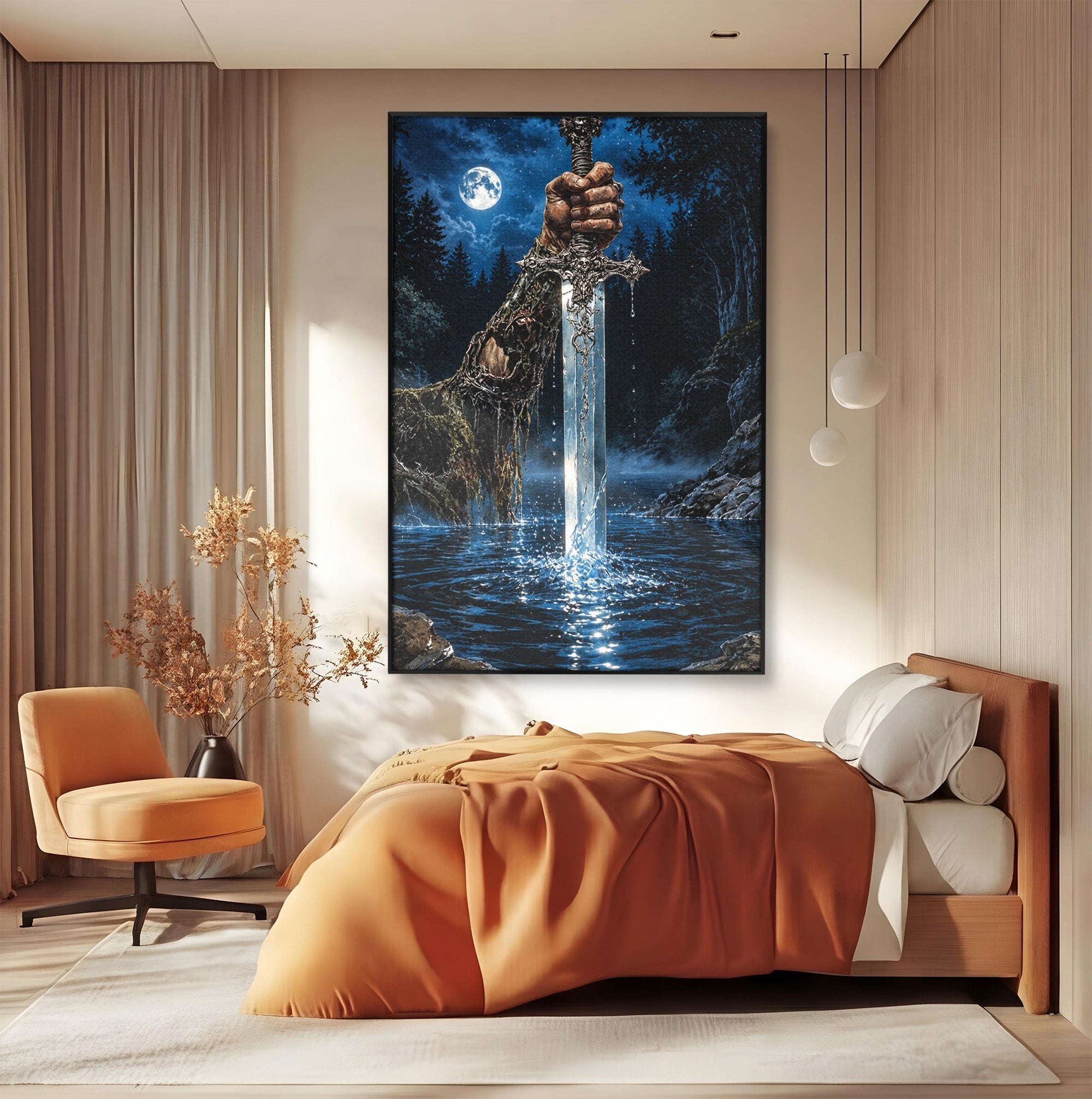 Tablou Canvas Premium LuxCanva® U1029, Mana Cu Sabie Magica, Noapte, Mister, Sabie,  Living, Culori Vibrante