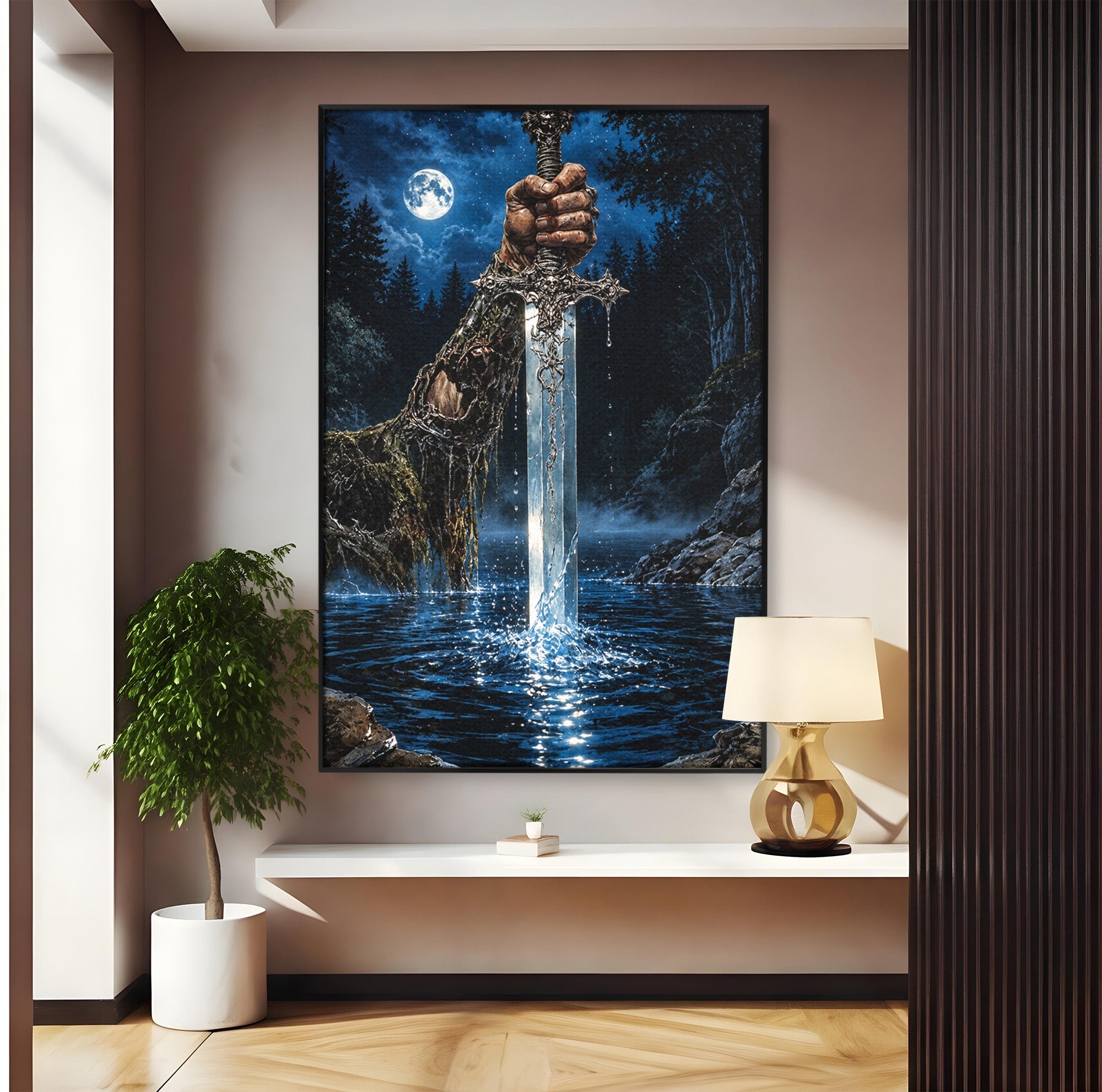 Tablou Canvas Premium LuxCanva® U1029, Mana Cu Sabie Magica, Noapte, Mister, Sabie,  Living, Culori Vibrante