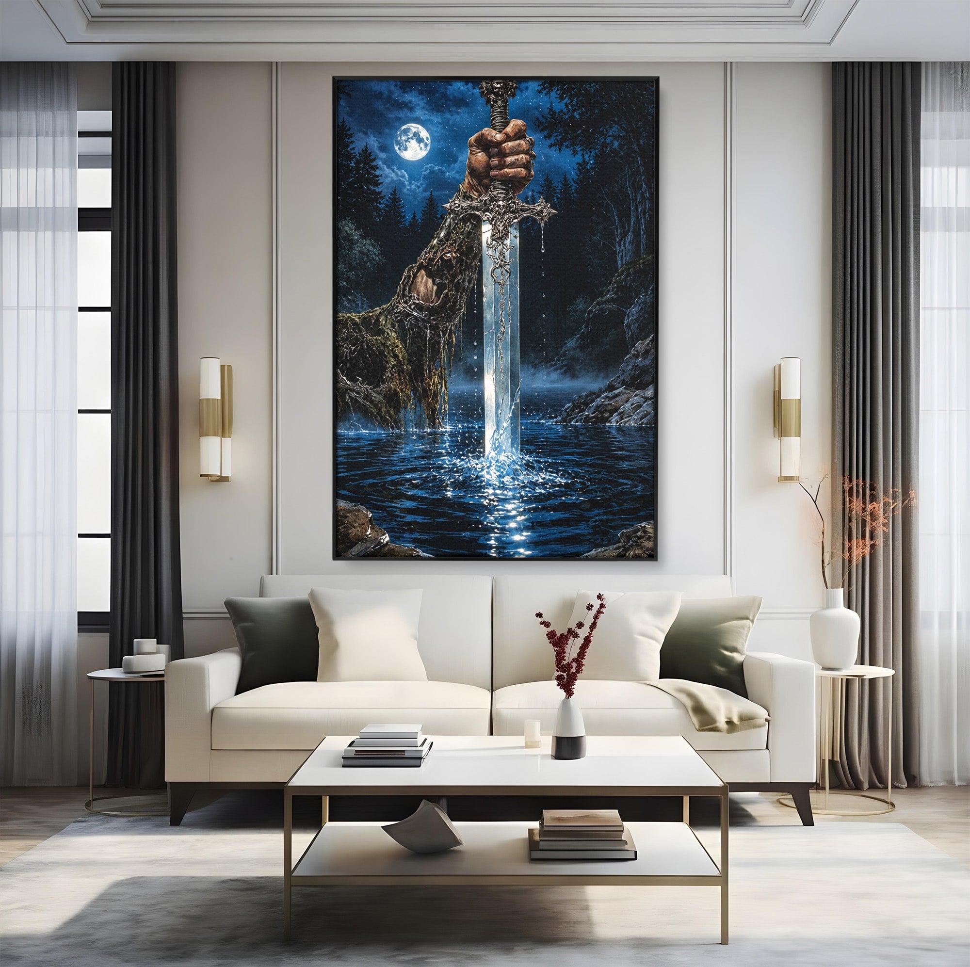 Tablou Canvas Premium LuxCanva® U1029, Mana Cu Sabie Magica, Noapte, Mister, Sabie,  Living, Culori Vibrante
