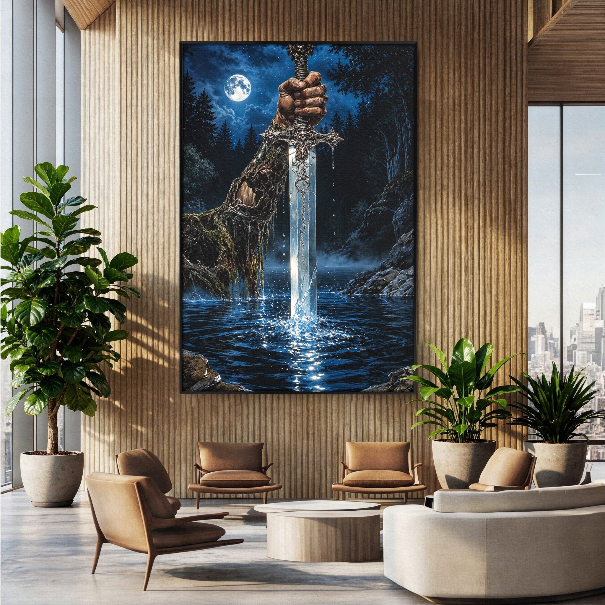 Tablou Canvas Premium LuxCanva® U1029, Mana Cu Sabie Magica, Noapte, Mister, Sabie,  Living, Culori Vibrante