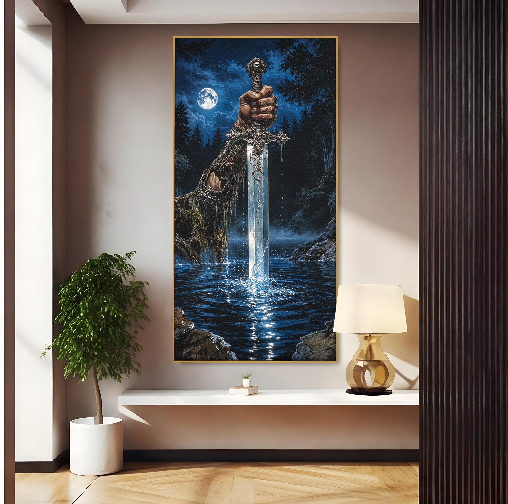 Tablou Canvas Premium LuxCanva® U1029, Mana Cu Sabie Magica, Noapte, Mister, Sabie,  Living, Culori Vibrante