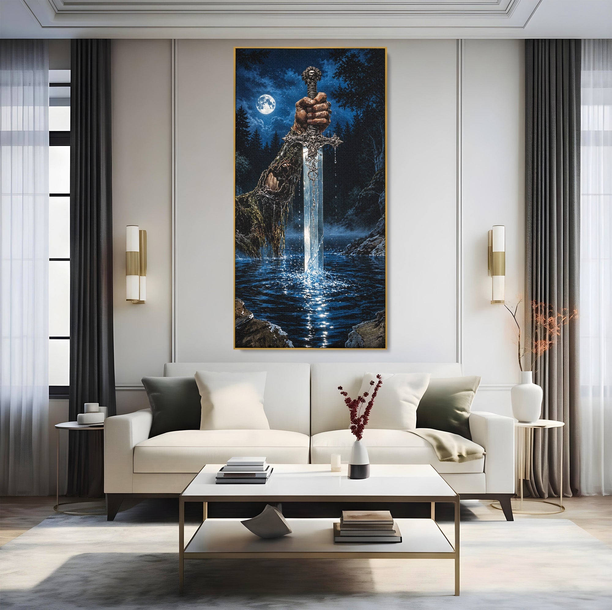 Tablou Canvas Premium LuxCanva® U1029, Mana Cu Sabie Magica, Noapte, Mister, Sabie,  Living, Culori Vibrante