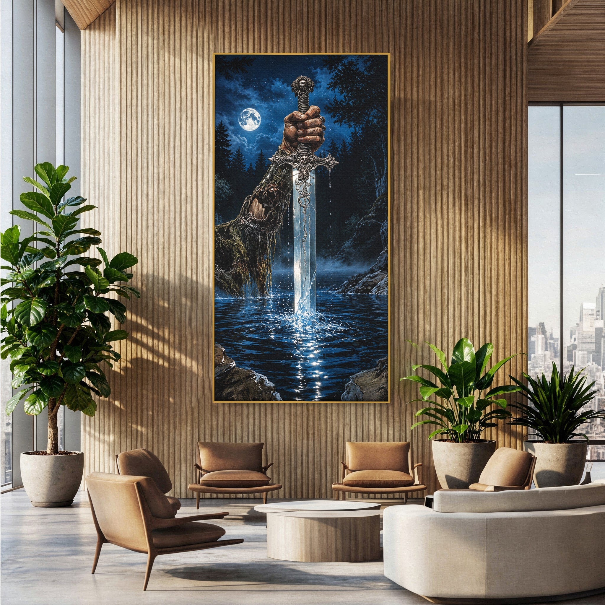 Tablou Canvas Premium LuxCanva® U1029, Mana Cu Sabie Magica, Noapte, Mister, Sabie,  Living, Culori Vibrante