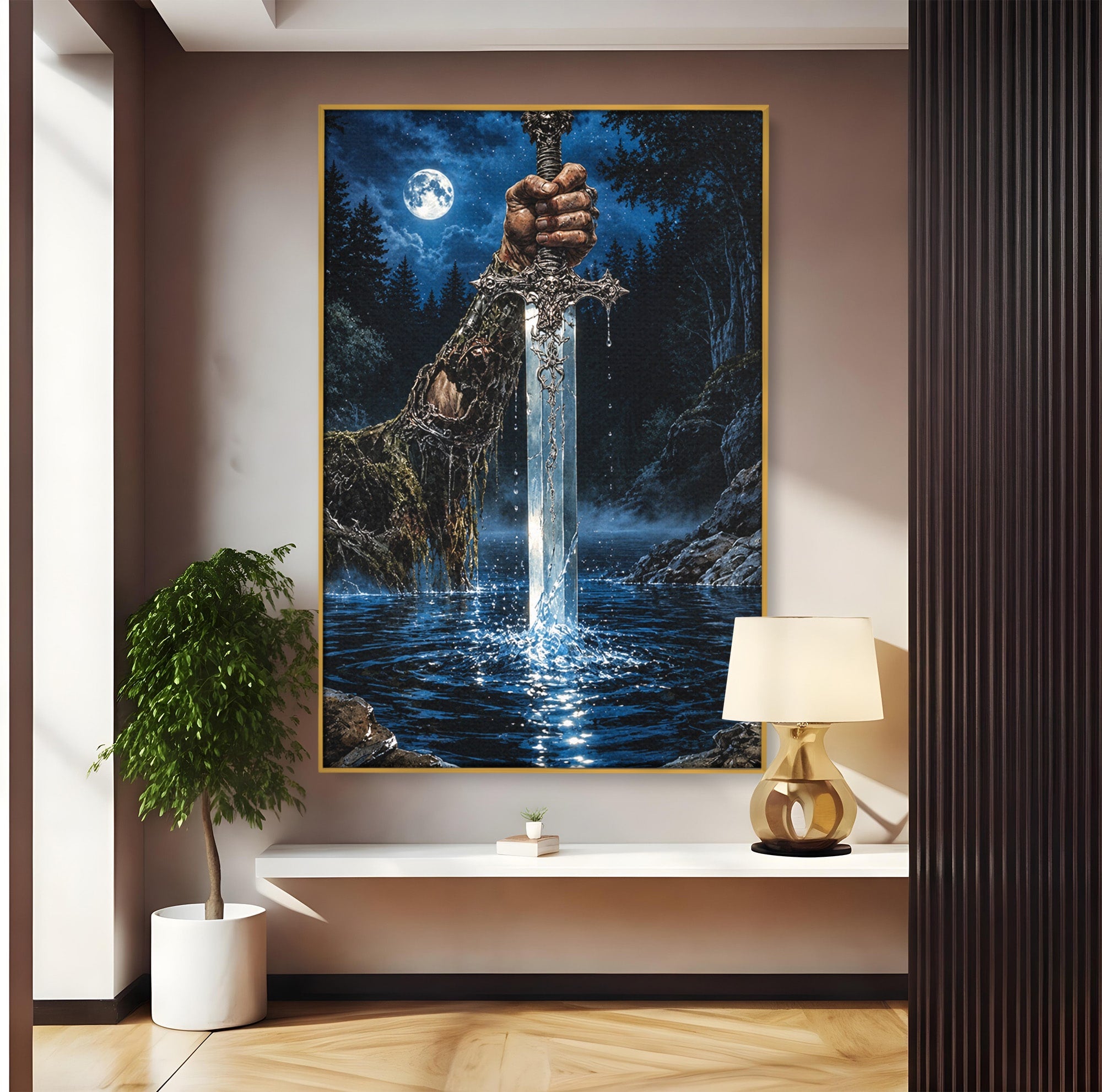 Tablou Canvas Premium LuxCanva® U1029, Mana Cu Sabie Magica, Noapte, Mister, Sabie,  Living, Culori Vibrante