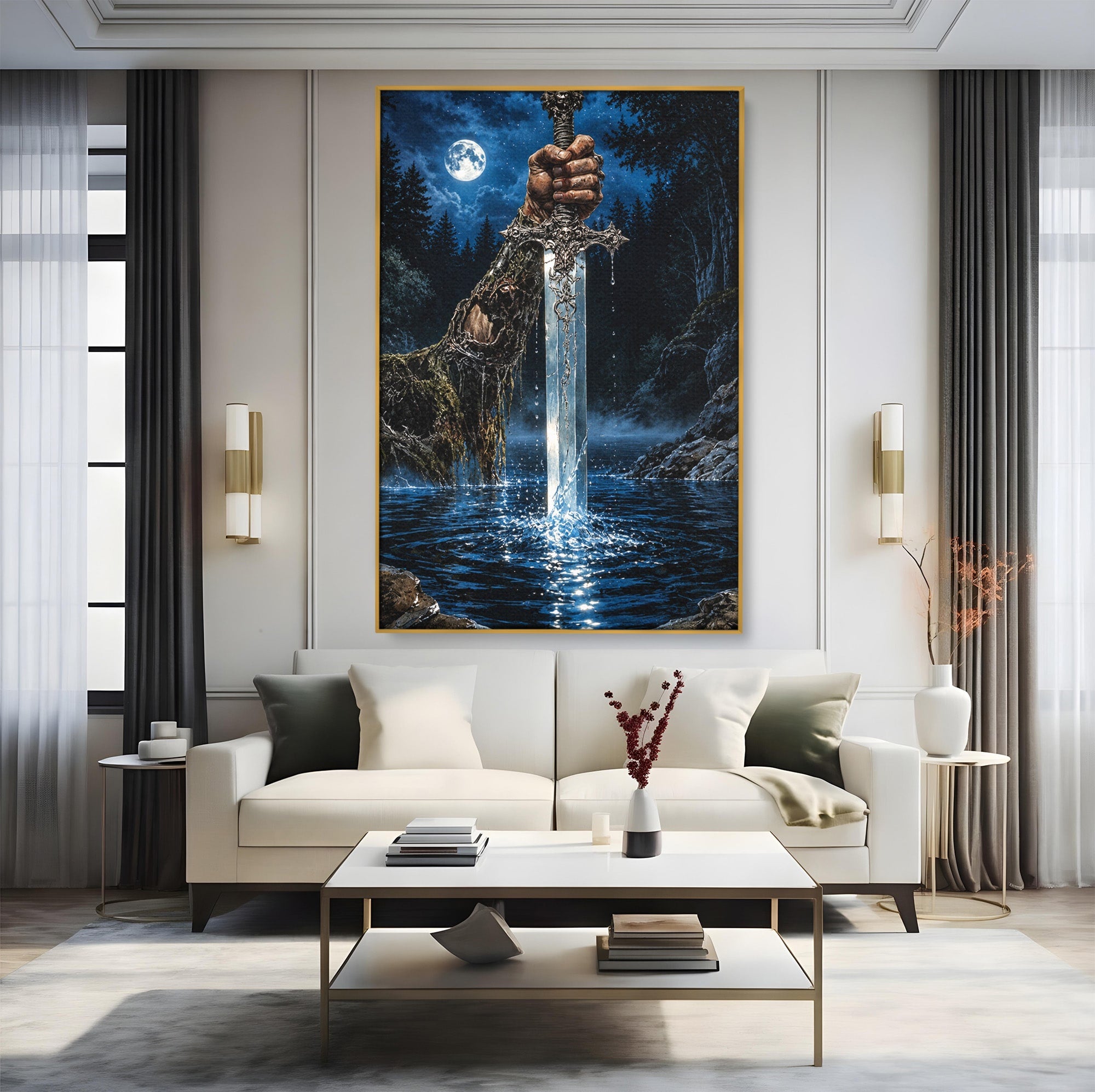 Tablou Canvas Premium LuxCanva® U1029, Mana Cu Sabie Magica, Noapte, Mister, Sabie,  Living, Culori Vibrante