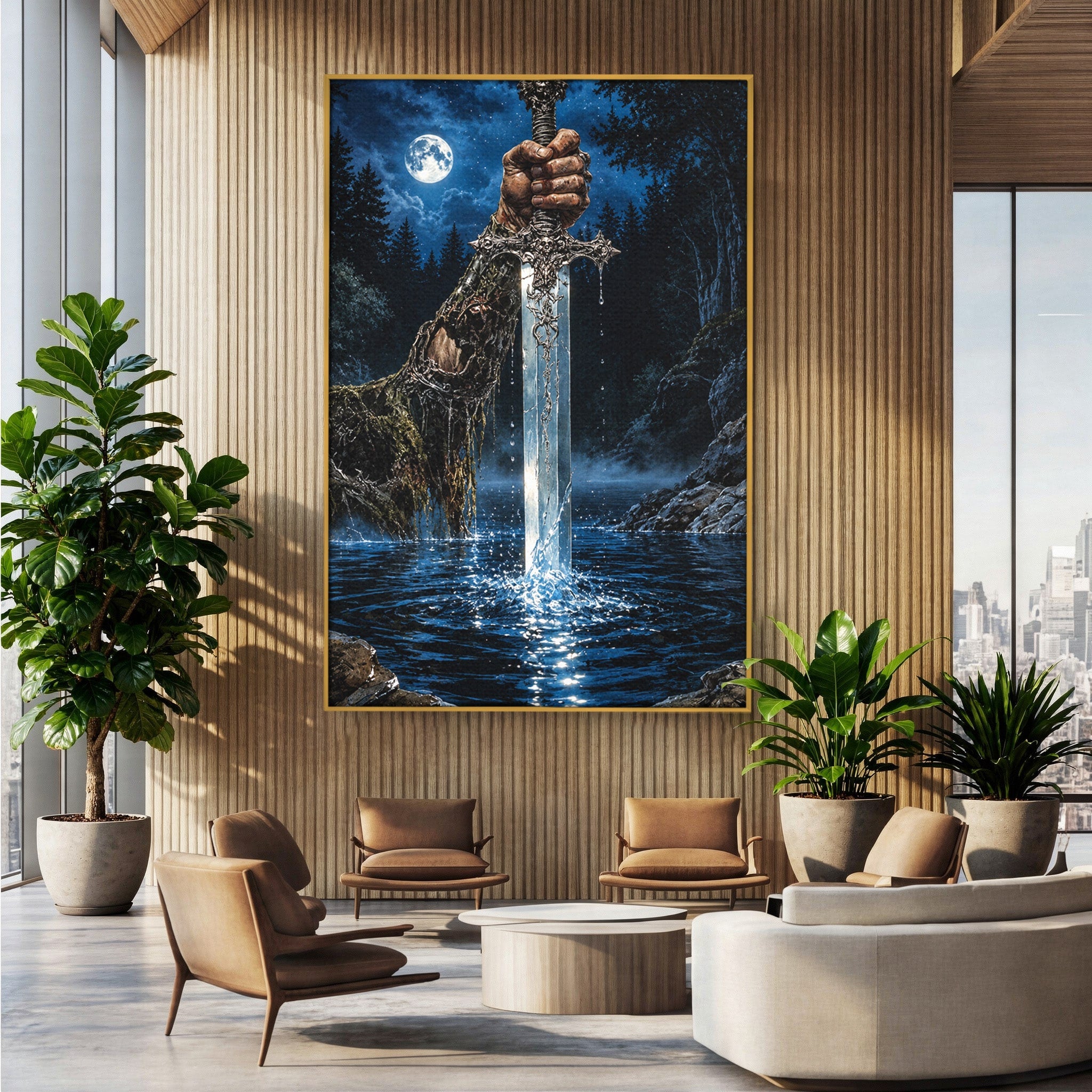 Tablou Canvas Premium LuxCanva® U1029, Mana Cu Sabie Magica, Noapte, Mister, Sabie,  Living, Culori Vibrante