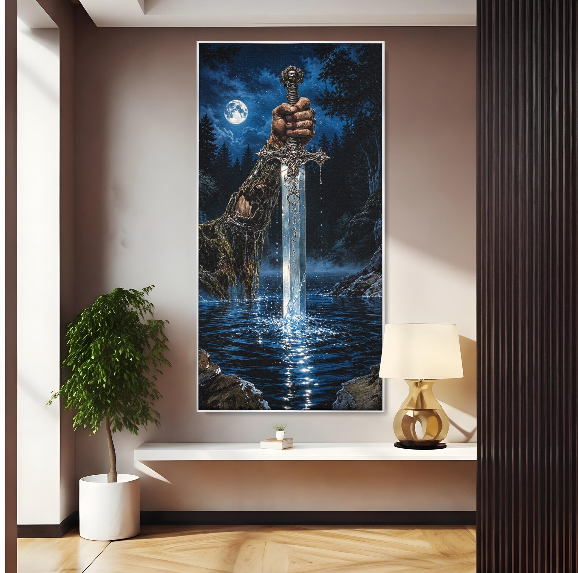 Tablou Canvas Premium LuxCanva® U1029, Mana Cu Sabie Magica, Noapte, Mister, Sabie,  Living, Culori Vibrante
