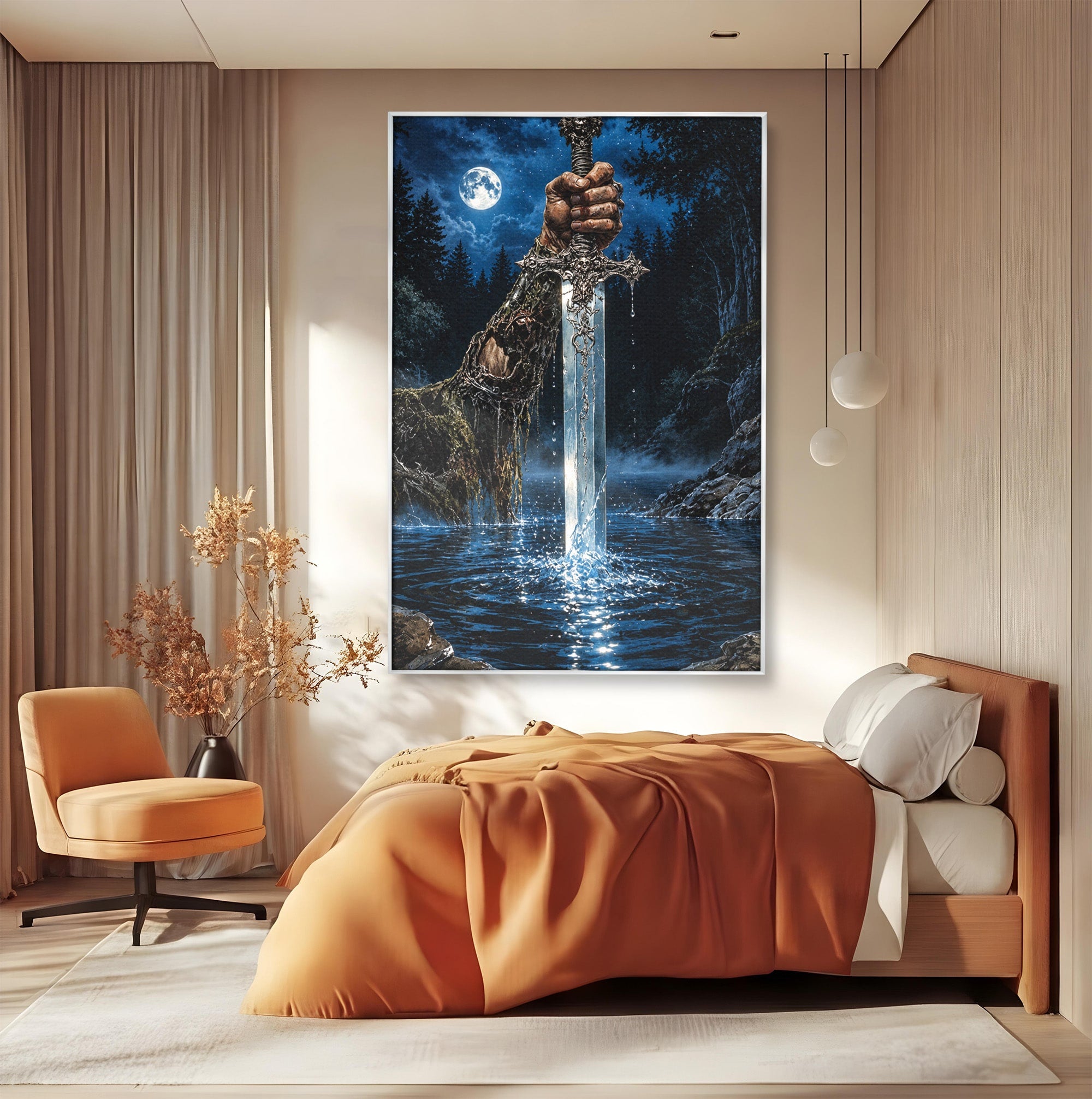 Tablou Canvas Premium LuxCanva® U1029, Mana Cu Sabie Magica, Noapte, Mister, Sabie,  Living, Culori Vibrante