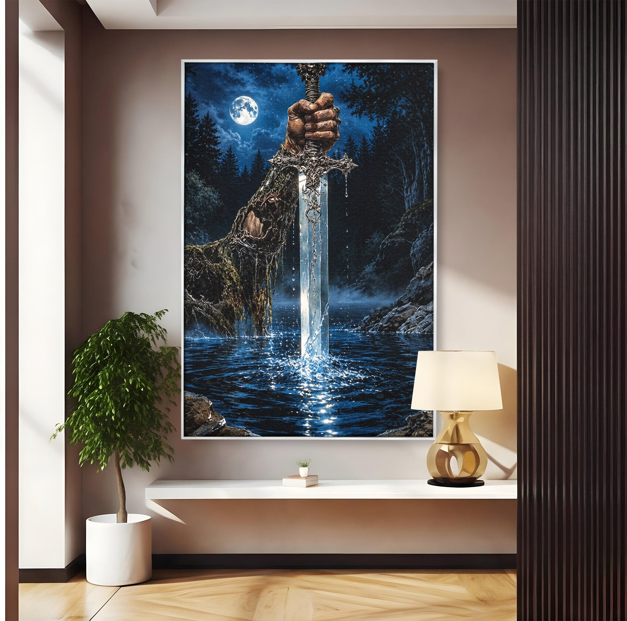 Tablou Canvas Premium LuxCanva® U1029, Mana Cu Sabie Magica, Noapte, Mister, Sabie,  Living, Culori Vibrante