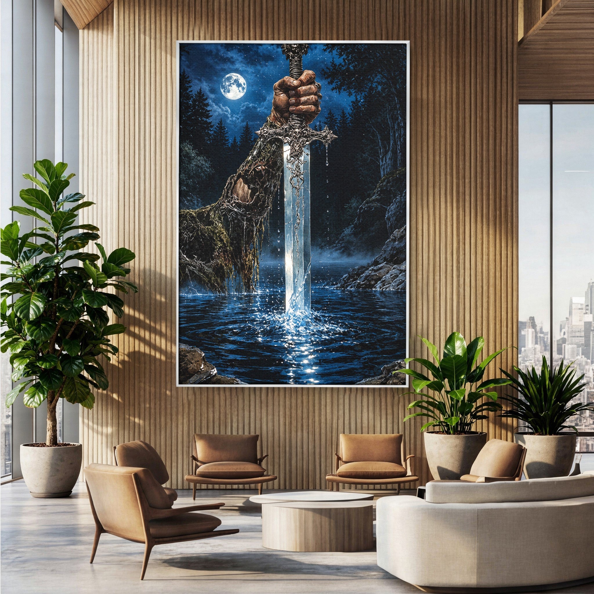 Tablou Canvas Premium LuxCanva® U1029, Mana Cu Sabie Magica, Noapte, Mister, Sabie,  Living, Culori Vibrante