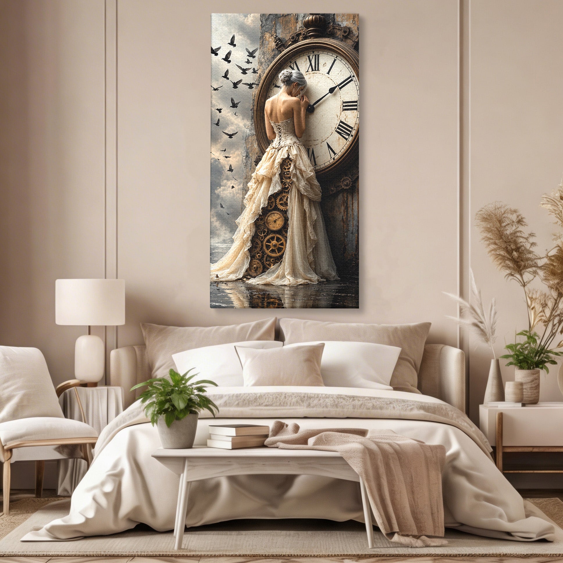 Tablou Canvas Premium LuxCanva® U1030, Femeie Si Ceasul Timpului,  Eleganta, Ceas, Nostalgie, Living, Dormitor, Culori Vibrante