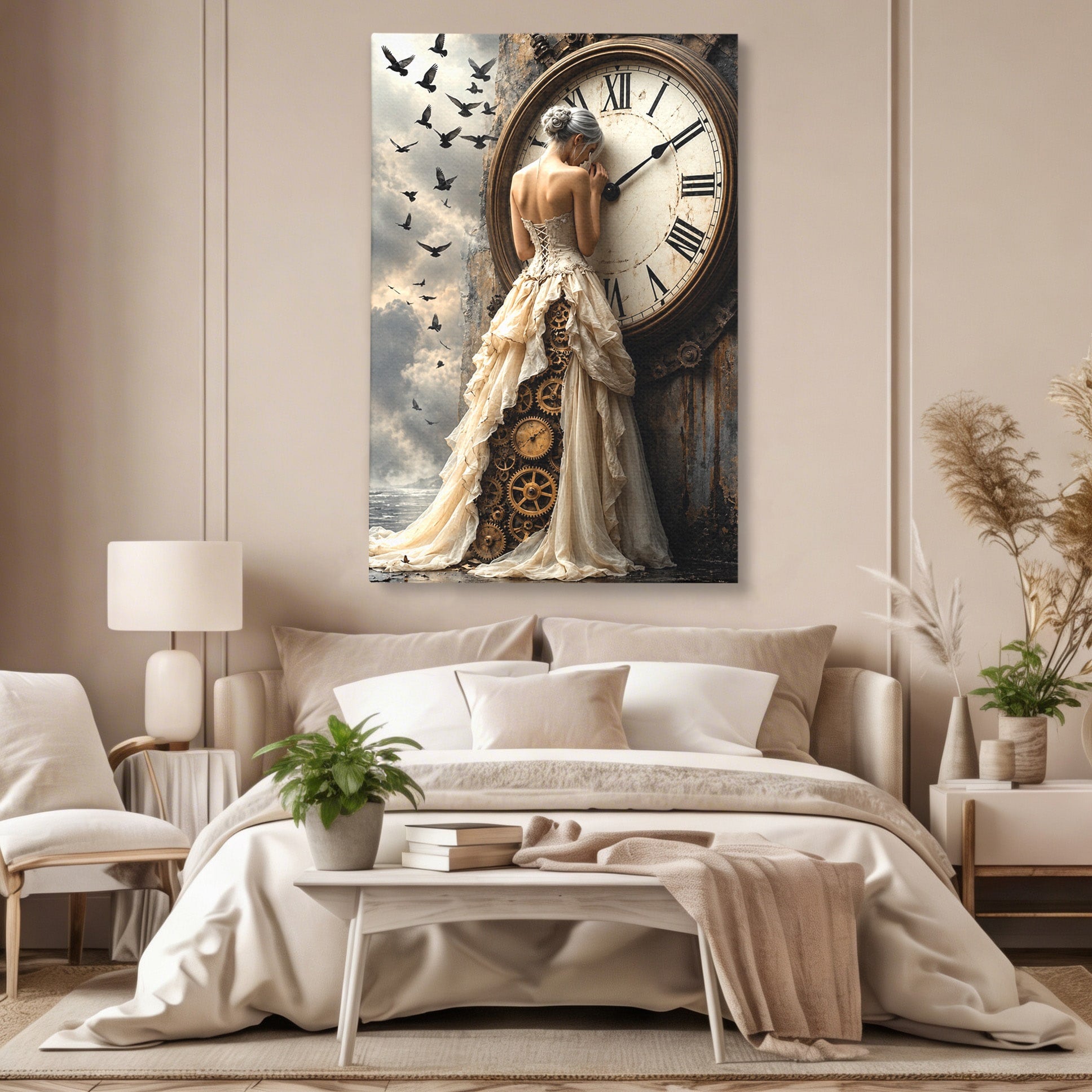 Tablou Canvas Premium LuxCanva® U1030, Femeie Si Ceasul Timpului,  Eleganta, Ceas, Nostalgie, Living, Dormitor, Culori Vibrante