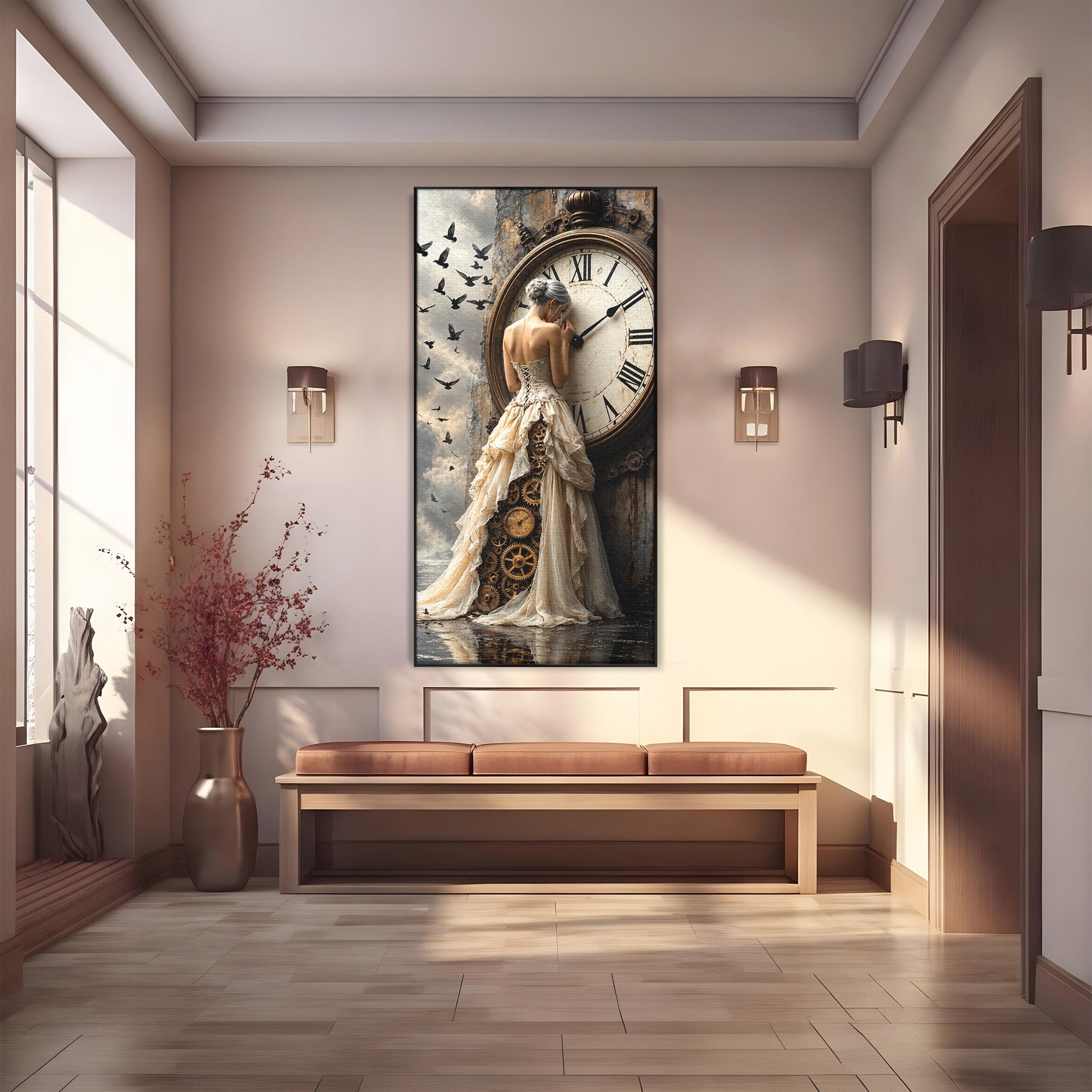 Tablou Canvas Premium LuxCanva® U1030, Femeie Si Ceasul Timpului,  Eleganta, Ceas, Nostalgie, Living, Dormitor, Culori Vibrante