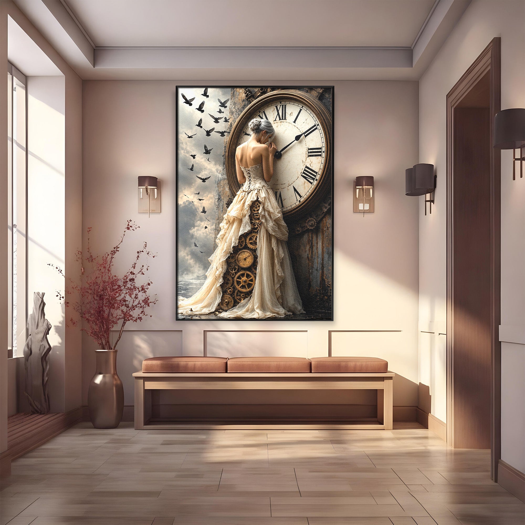 Tablou Canvas Premium LuxCanva® U1030, Femeie Si Ceasul Timpului,  Eleganta, Ceas, Nostalgie, Living, Dormitor, Culori Vibrante