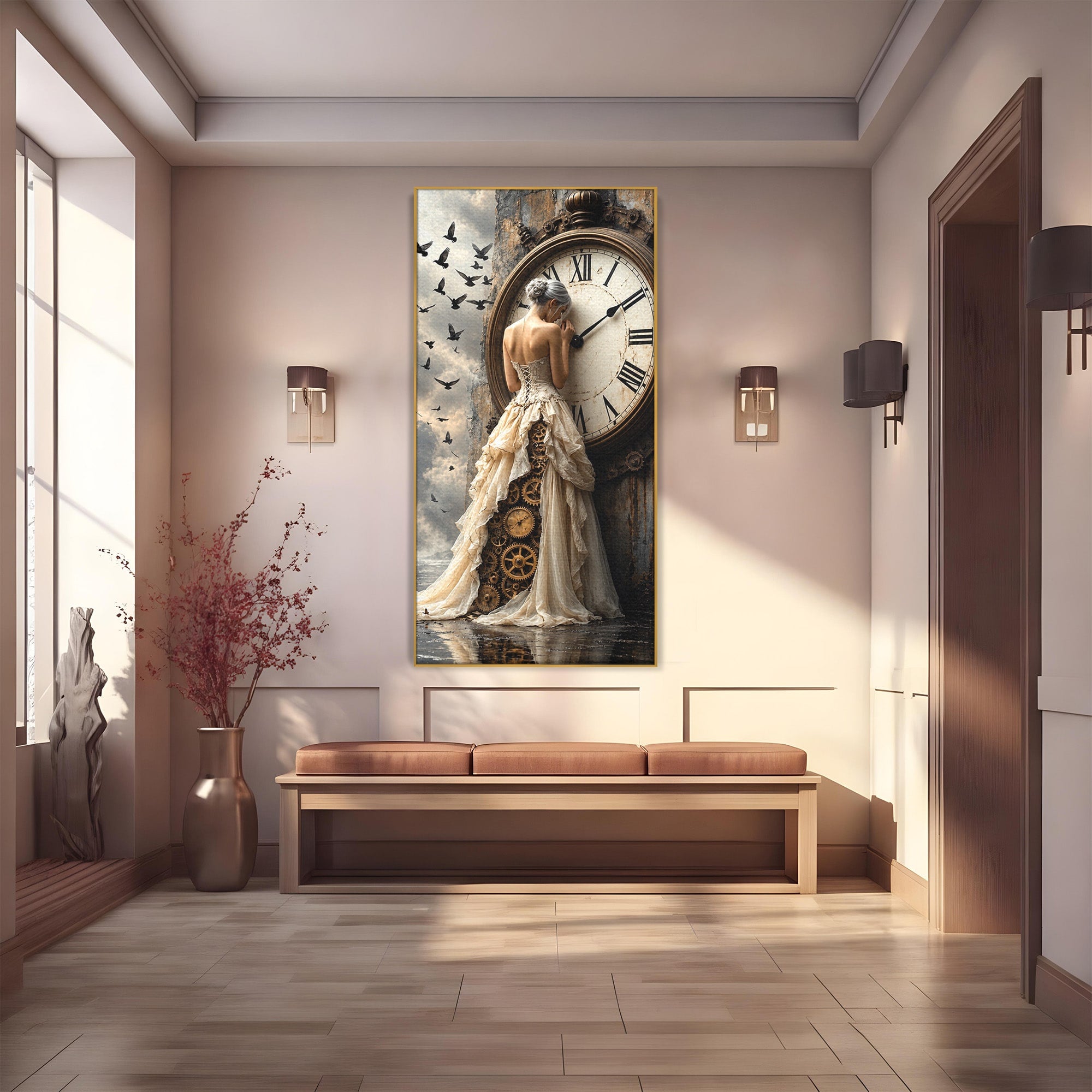 Tablou Canvas Premium LuxCanva® U1030, Femeie Si Ceasul Timpului,  Eleganta, Ceas, Nostalgie, Living, Dormitor, Culori Vibrante