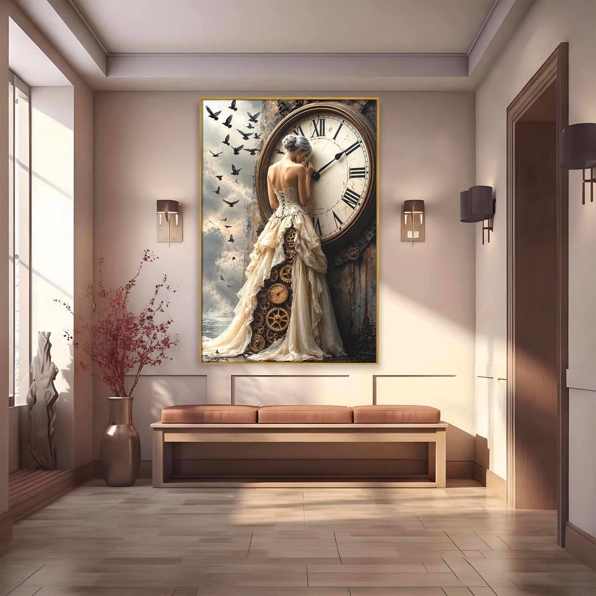 Tablou Canvas Premium LuxCanva® U1030, Femeie Si Ceasul Timpului,  Eleganta, Ceas, Nostalgie, Living, Dormitor, Culori Vibrante