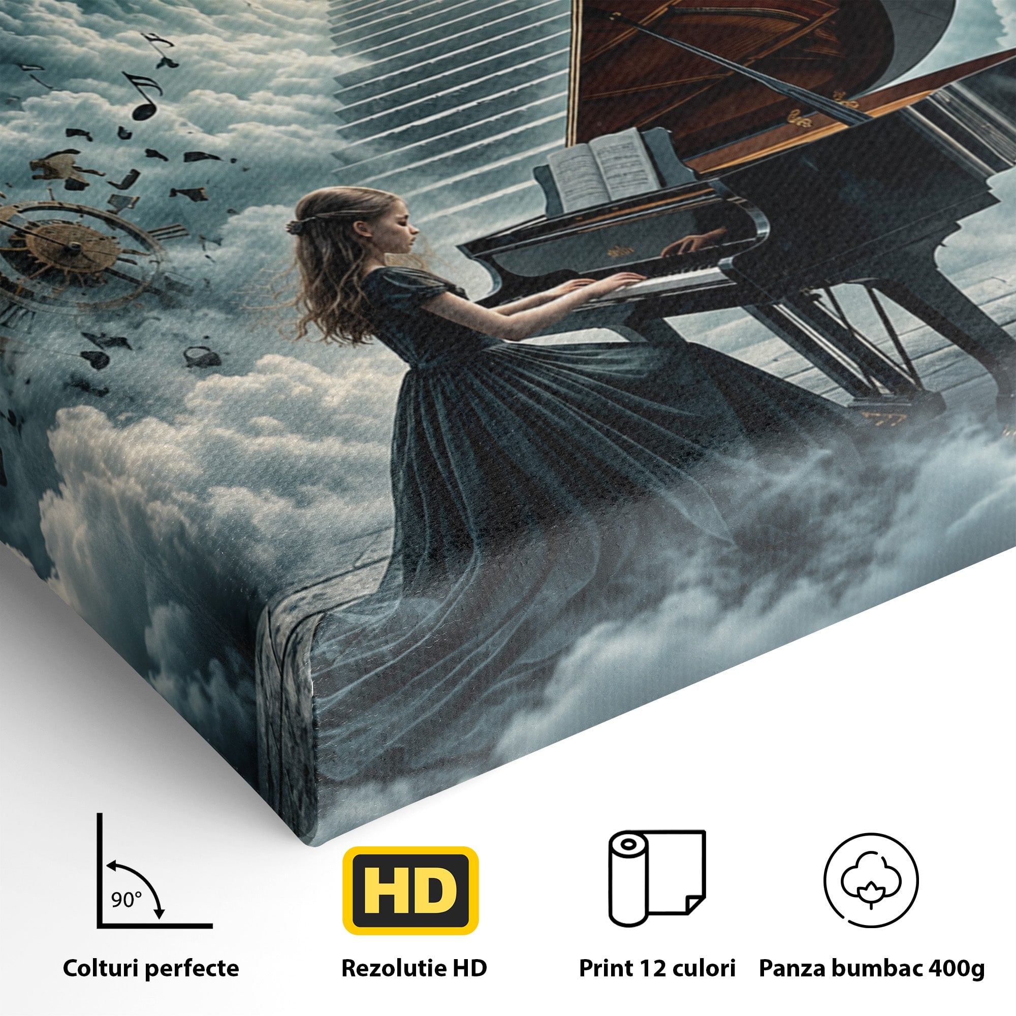 Tablou Canvas Premium LuxCanva® U1031, Pianista In Paradis, Fantezie, Nori, Muzica, Arta, Pian, Living, Vis, Culori Vibrante