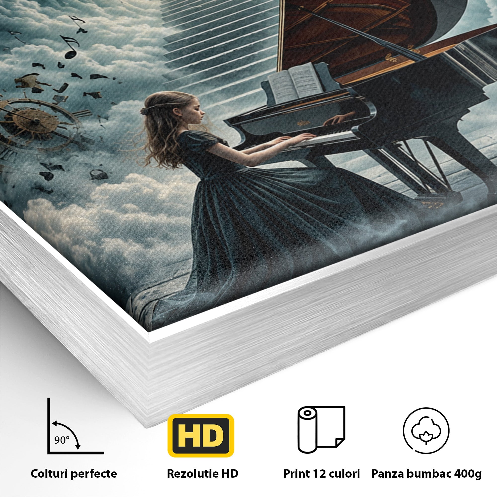Tablou Canvas Premium LuxCanva® U1031, Pianista In Paradis, Fantezie, Nori, Muzica, Arta, Pian, Living, Vis, Culori Vibrante