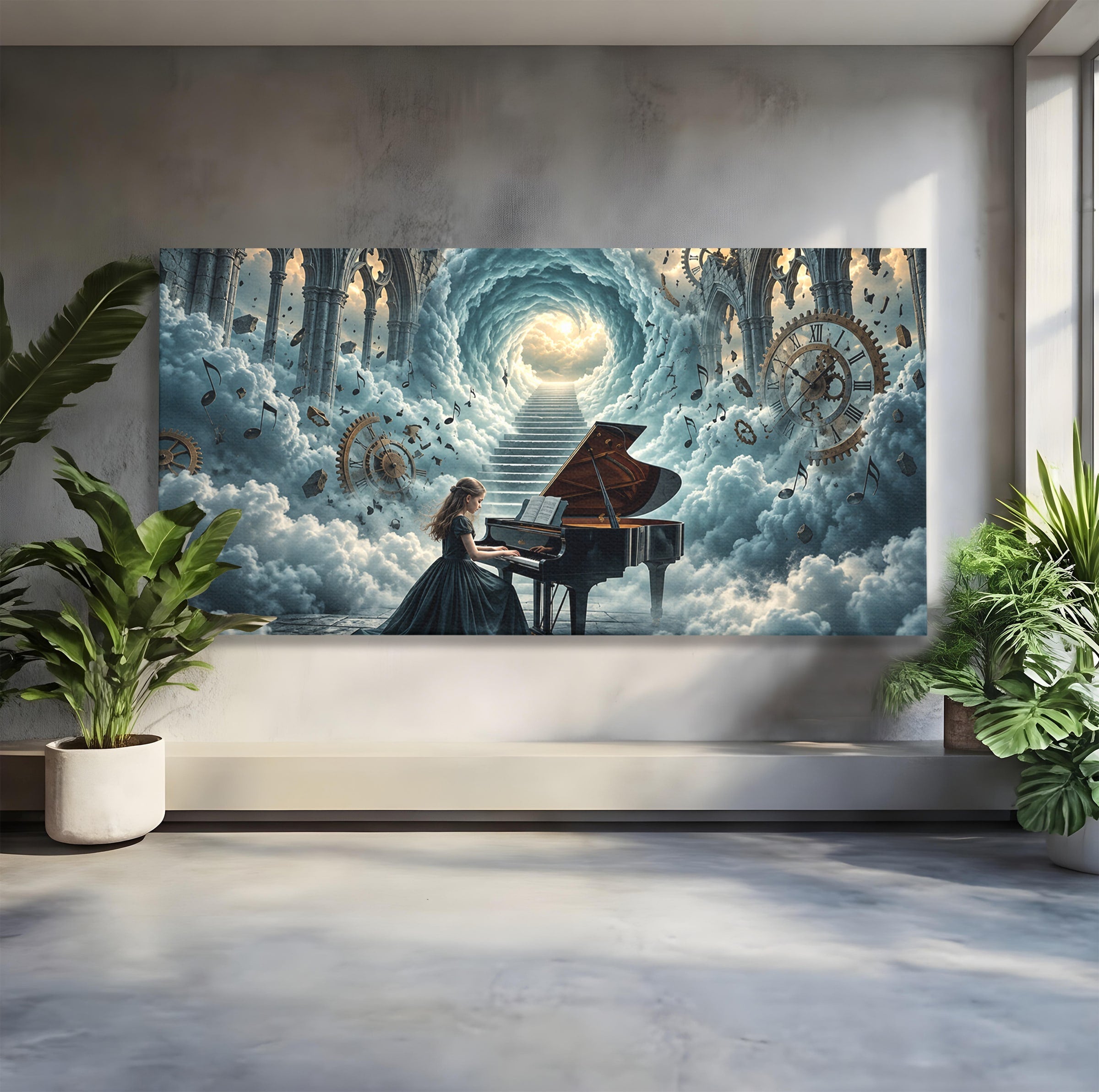 Tablou Canvas Premium LuxCanva® U1031, Pianista In Paradis, Fantezie, Nori, Muzica, Arta, Pian, Living, Vis, Culori Vibrante