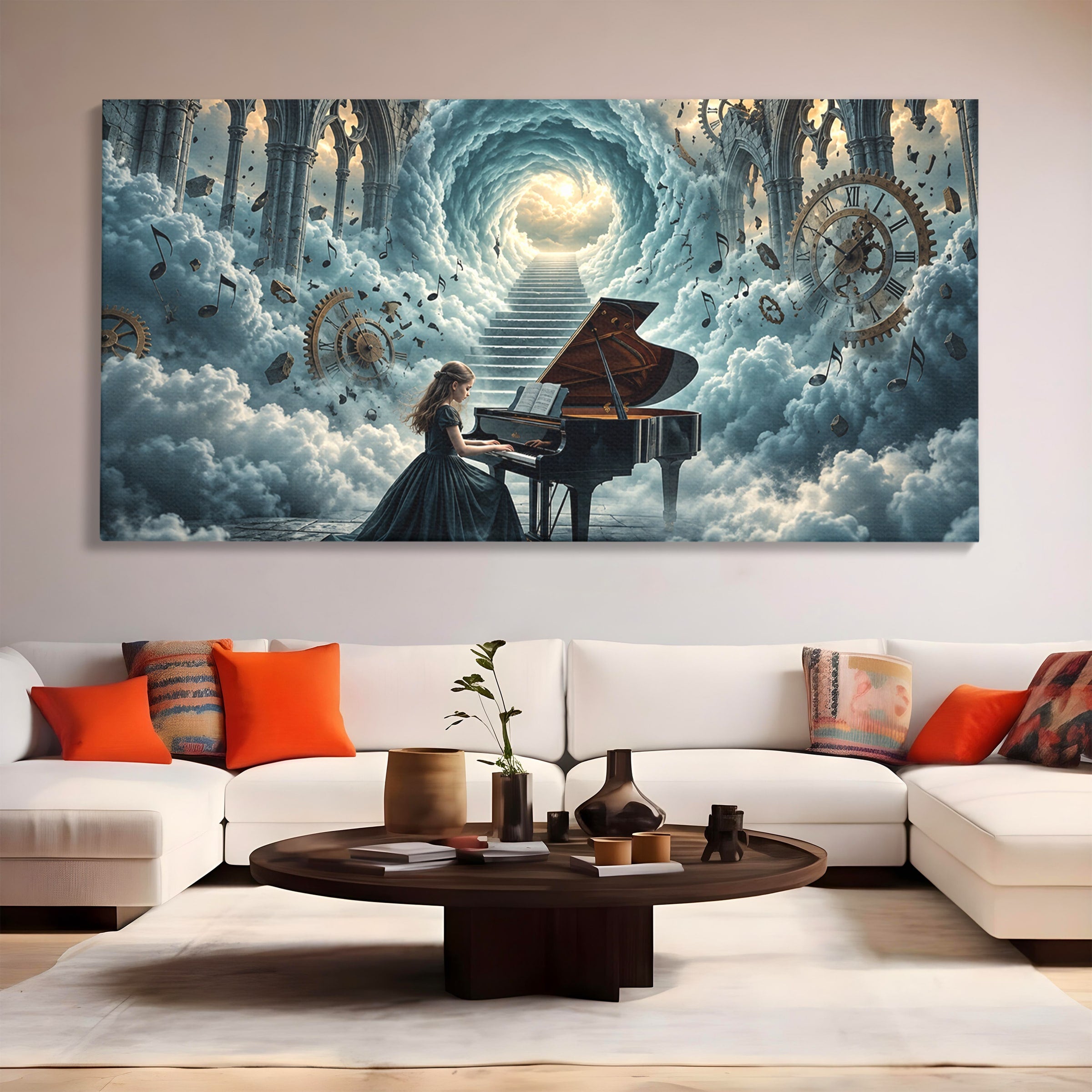 Tablou Canvas Premium LuxCanva® U1031, Pianista In Paradis, Fantezie, Nori, Muzica, Arta, Pian, Living, Vis, Culori Vibrante