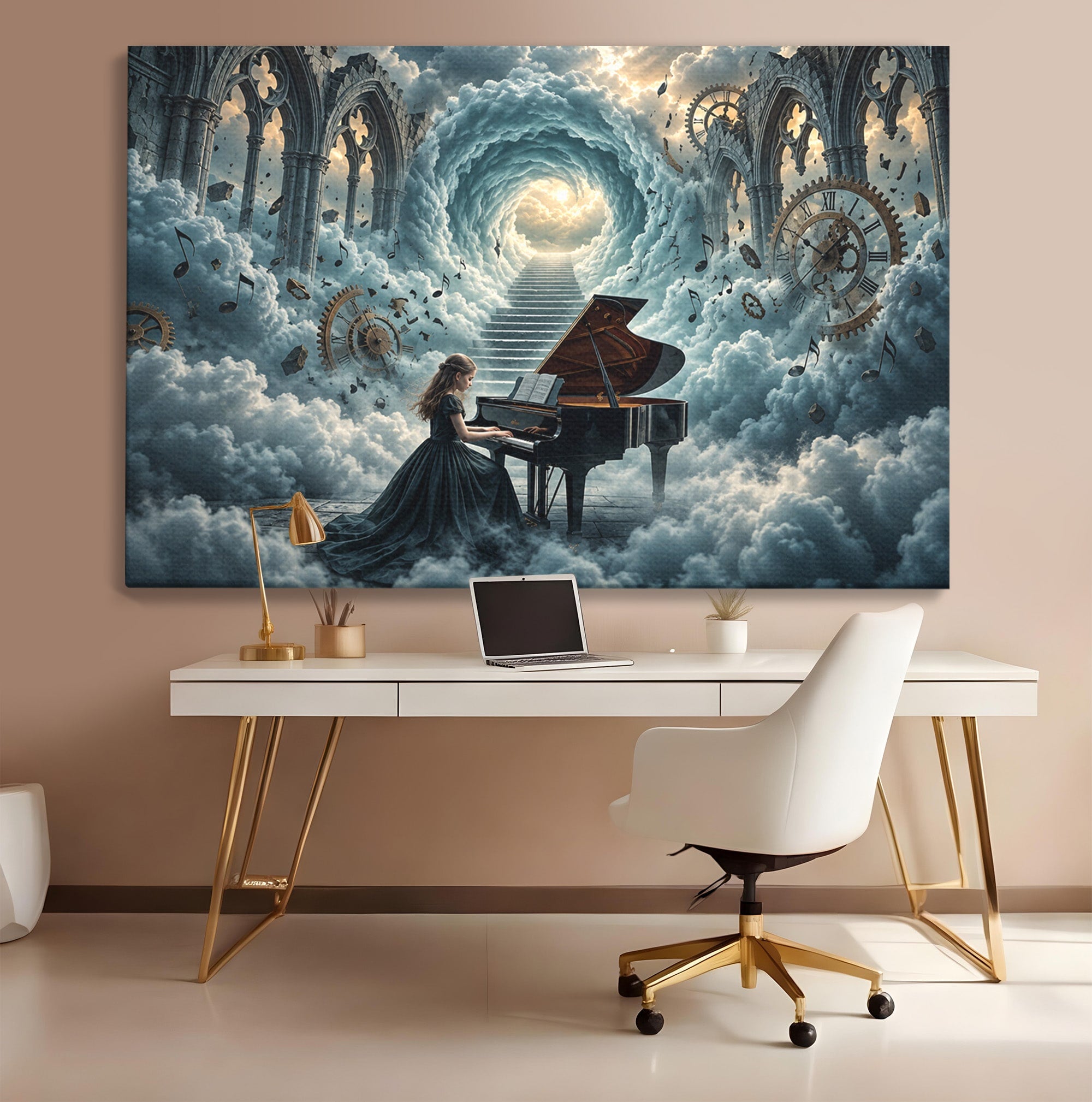 Tablou Canvas Premium LuxCanva® U1031, Pianista In Paradis, Fantezie, Nori, Muzica, Arta, Pian, Living, Vis, Culori Vibrante