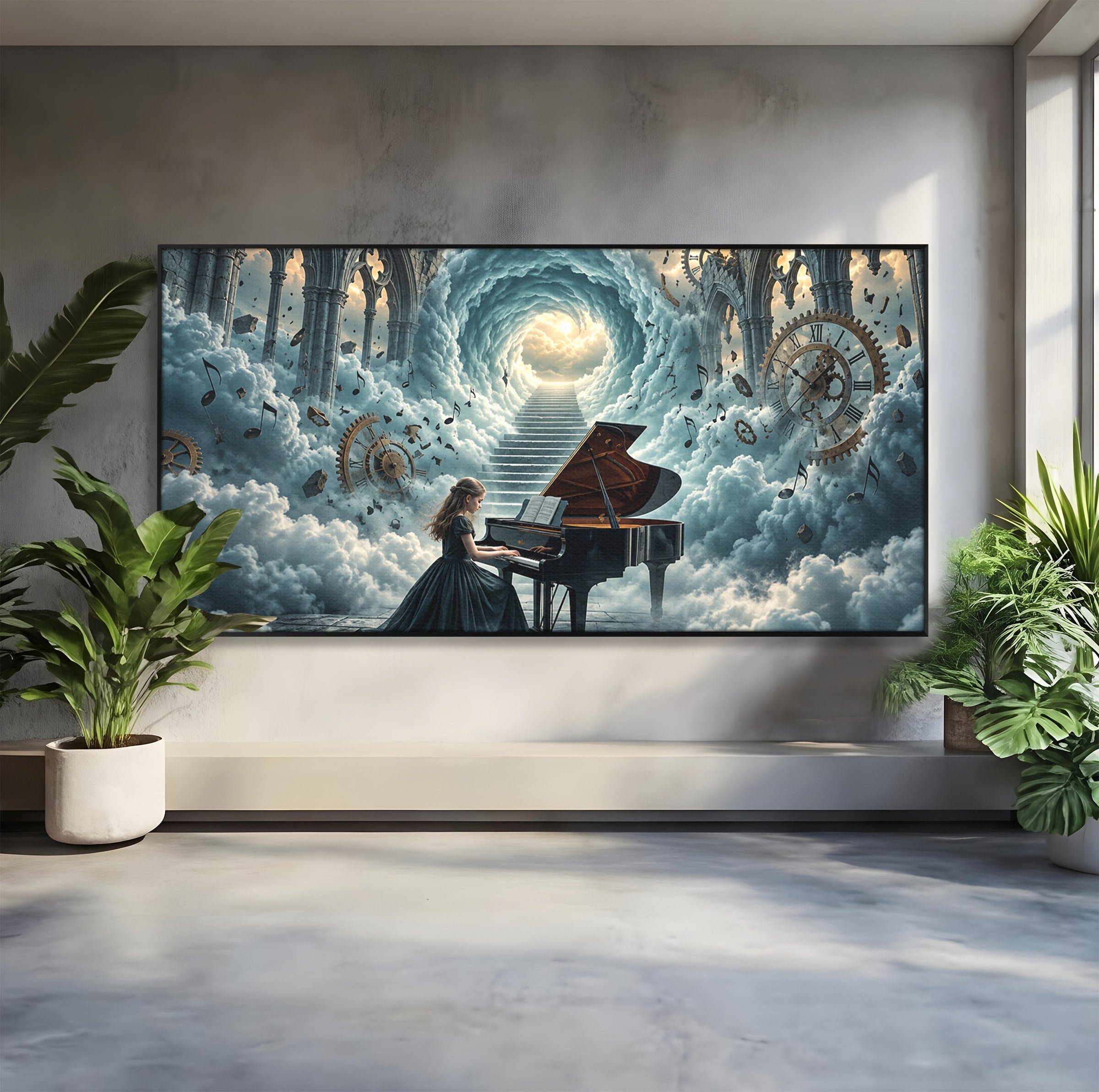 Tablou Canvas Premium LuxCanva® U1031, Pianista In Paradis, Fantezie, Nori, Muzica, Arta, Pian, Living, Vis, Culori Vibrante