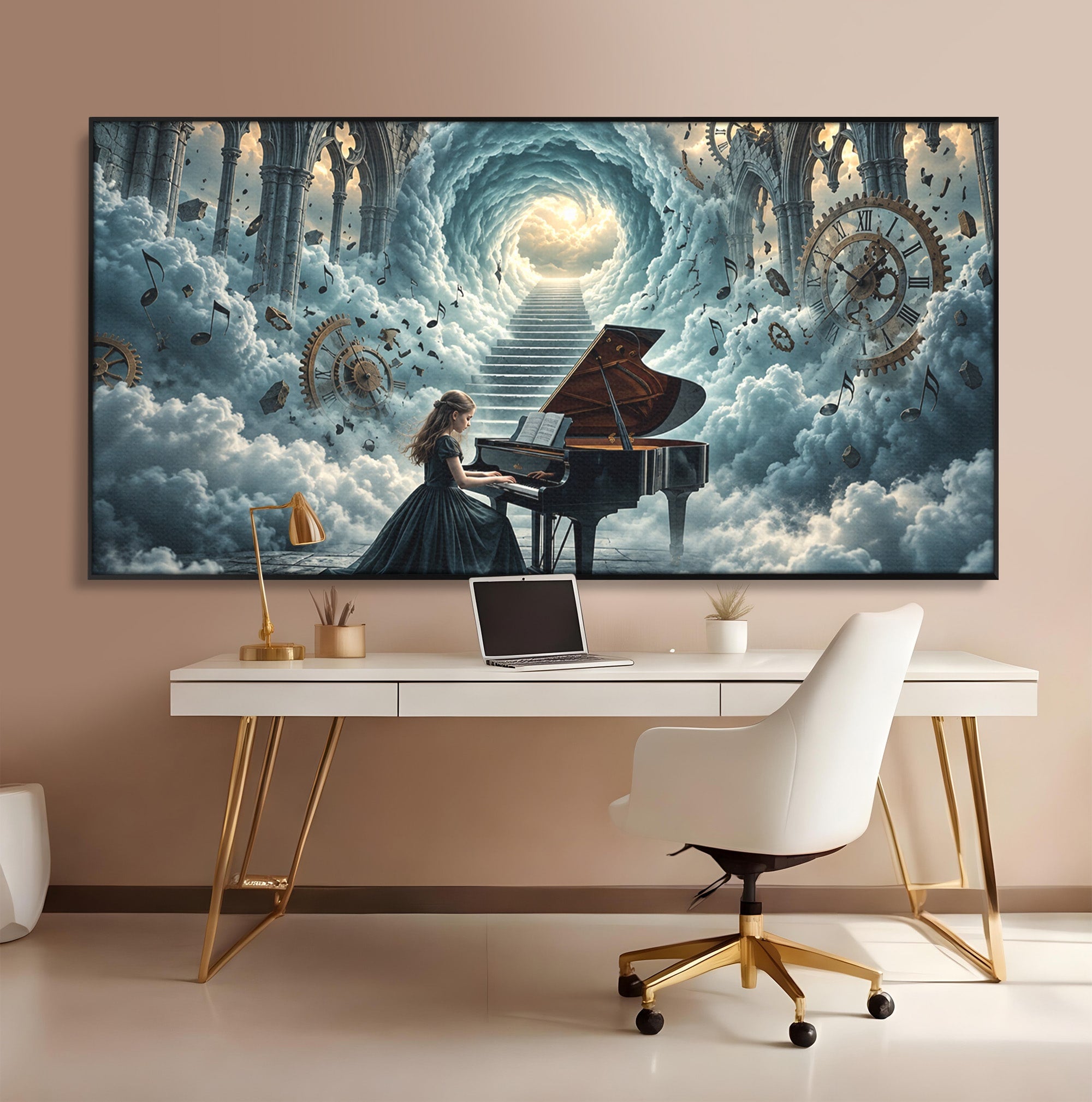 Tablou Canvas Premium LuxCanva® U1031, Pianista In Paradis, Fantezie, Nori, Muzica, Arta, Pian, Living, Vis, Culori Vibrante