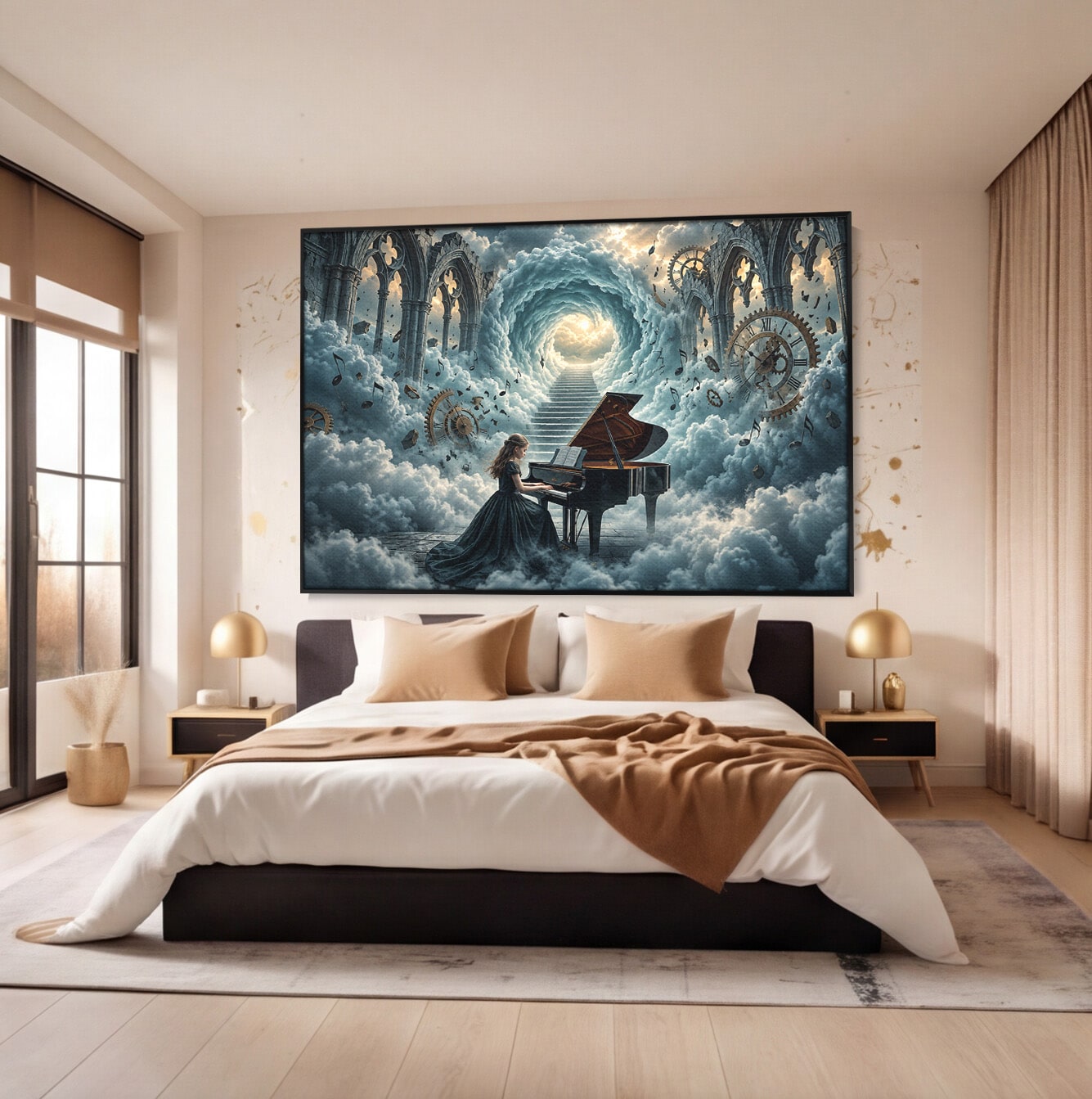 Tablou Canvas Premium LuxCanva® U1031, Pianista In Paradis, Fantezie, Nori, Muzica, Arta, Pian, Living, Vis, Culori Vibrante