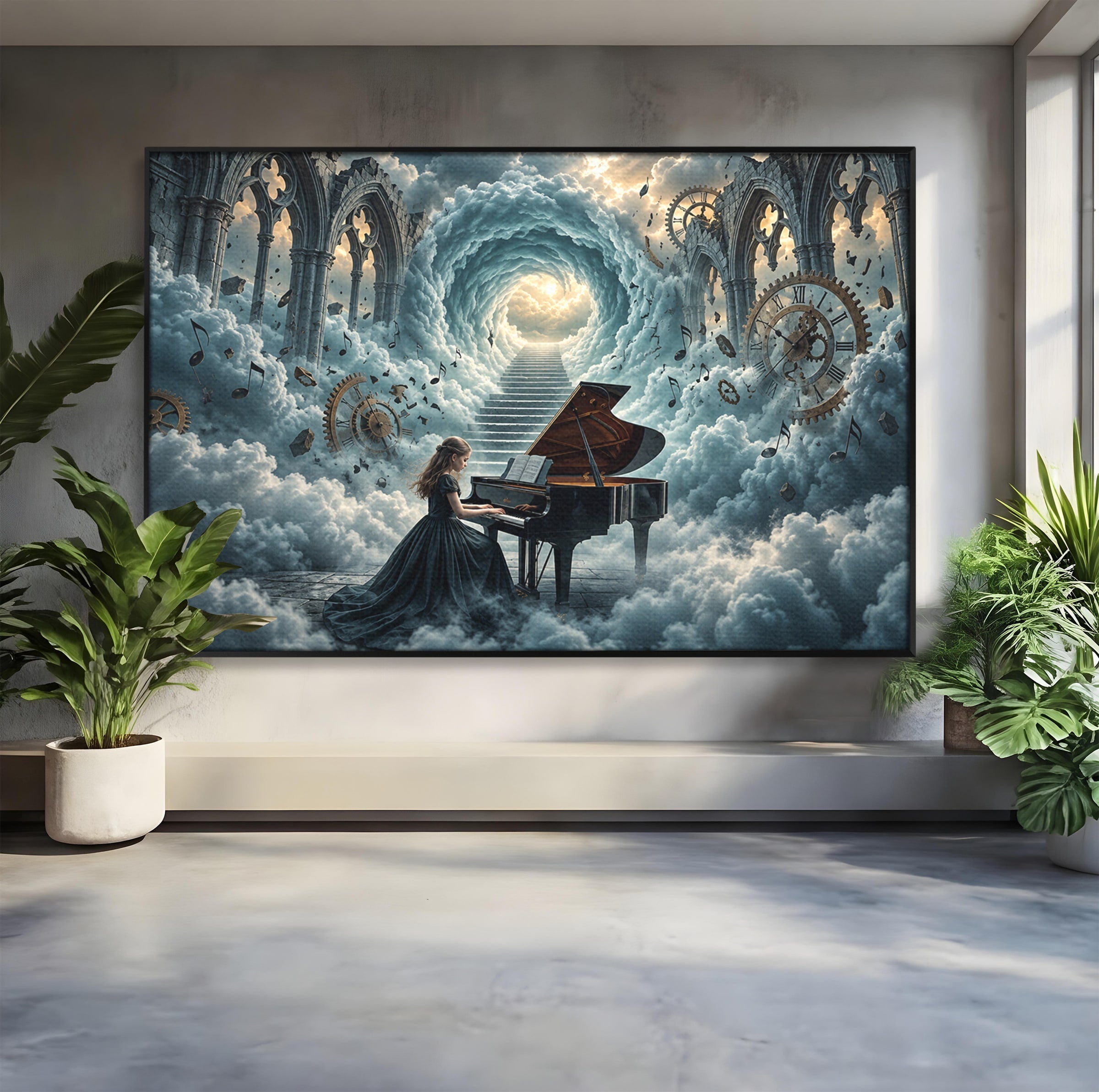 Tablou Canvas Premium LuxCanva® U1031, Pianista In Paradis, Fantezie, Nori, Muzica, Arta, Pian, Living, Vis, Culori Vibrante