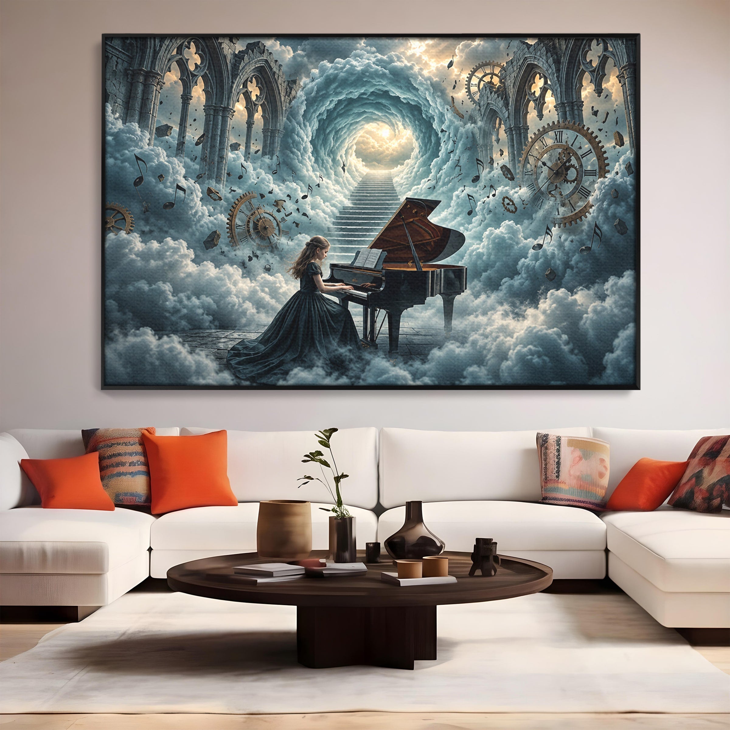 Tablou Canvas Premium LuxCanva® U1031, Pianista In Paradis, Fantezie, Nori, Muzica, Arta, Pian, Living, Vis, Culori Vibrante