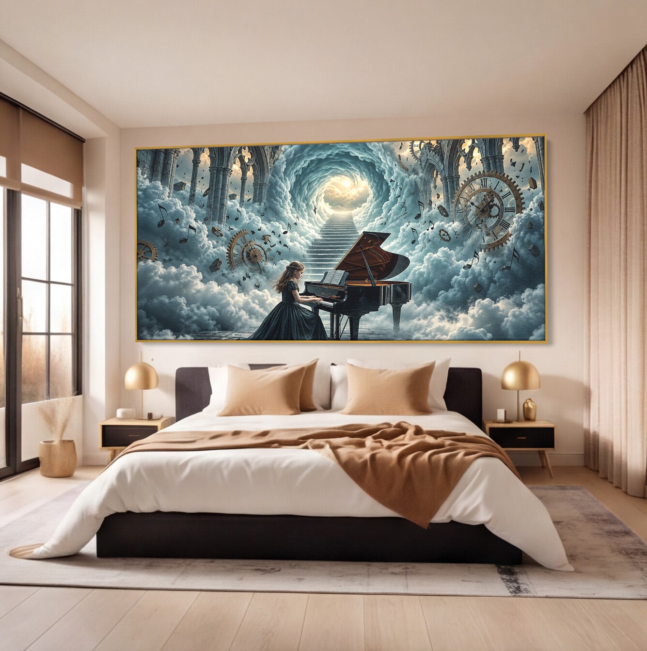 Tablou Canvas Premium LuxCanva® U1031, Pianista In Paradis, Fantezie, Nori, Muzica, Arta, Pian, Living, Vis, Culori Vibrante