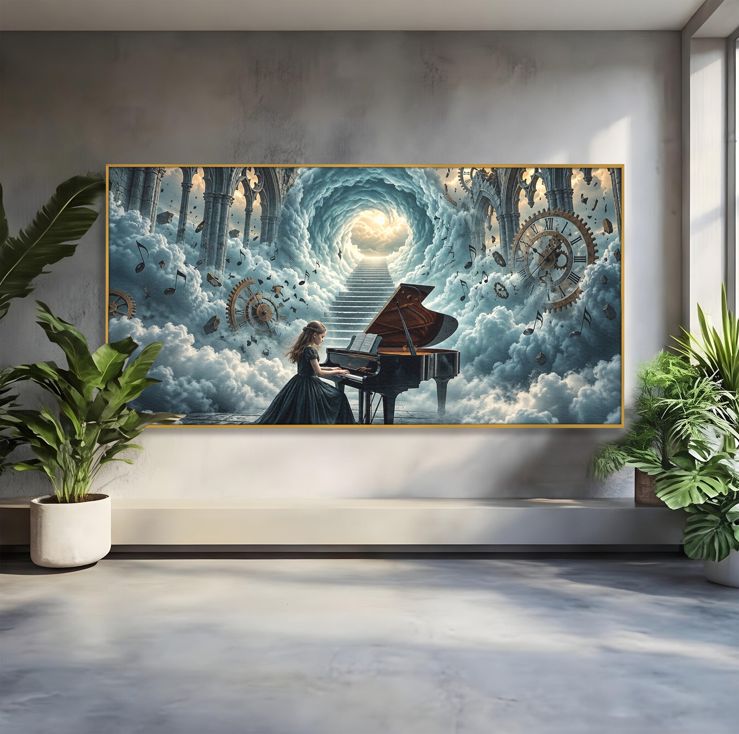 Tablou Canvas Premium LuxCanva® U1031, Pianista In Paradis, Fantezie, Nori, Muzica, Arta, Pian, Living, Vis, Culori Vibrante