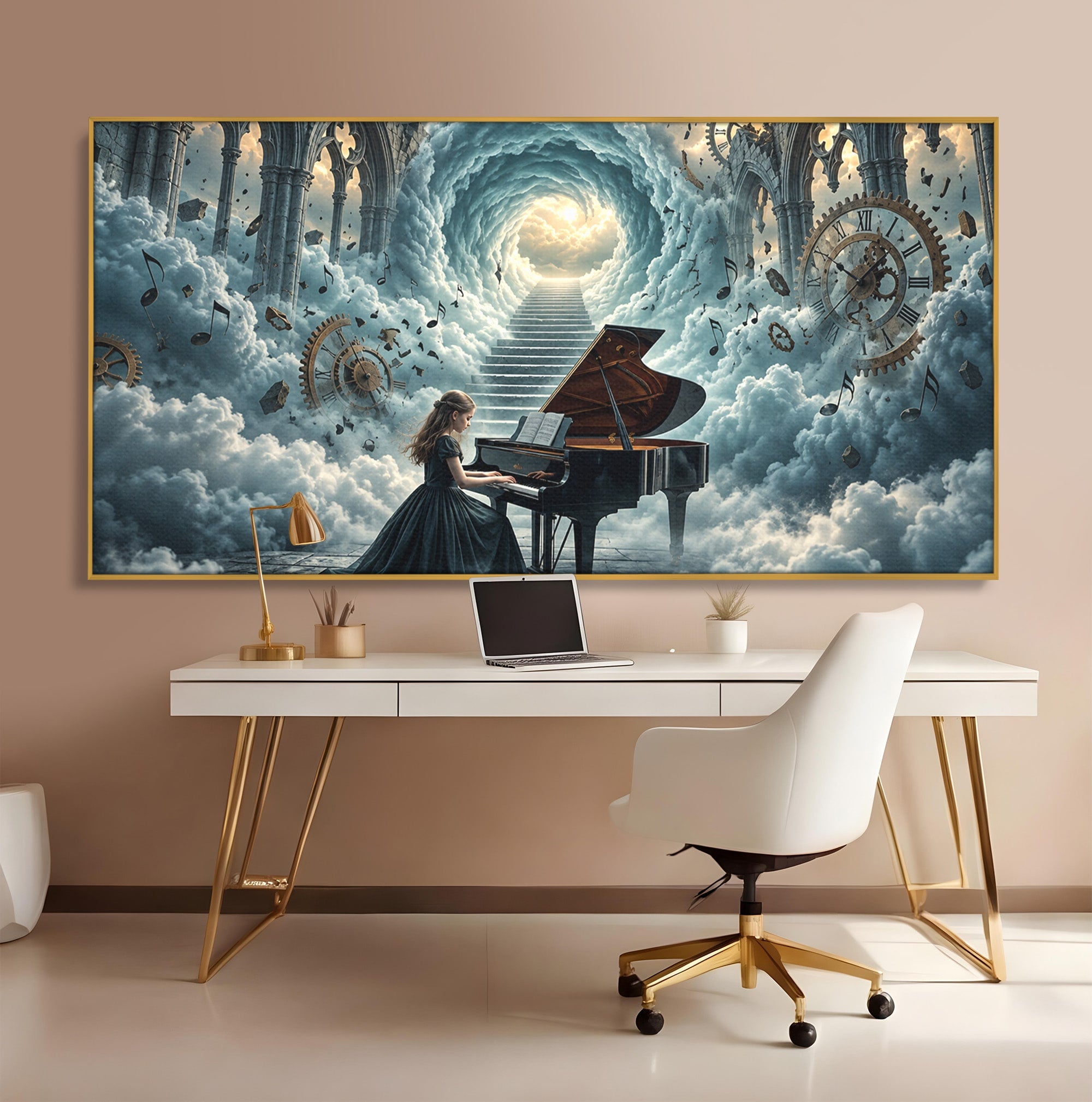 Tablou Canvas Premium LuxCanva® U1031, Pianista In Paradis, Fantezie, Nori, Muzica, Arta, Pian, Living, Vis, Culori Vibrante