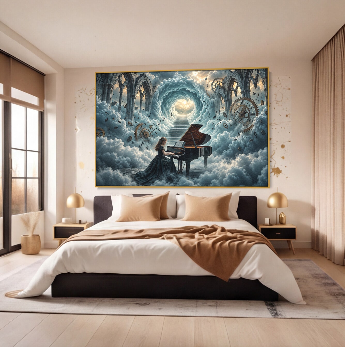 Tablou Canvas Premium LuxCanva® U1031, Pianista In Paradis, Fantezie, Nori, Muzica, Arta, Pian, Living, Vis, Culori Vibrante