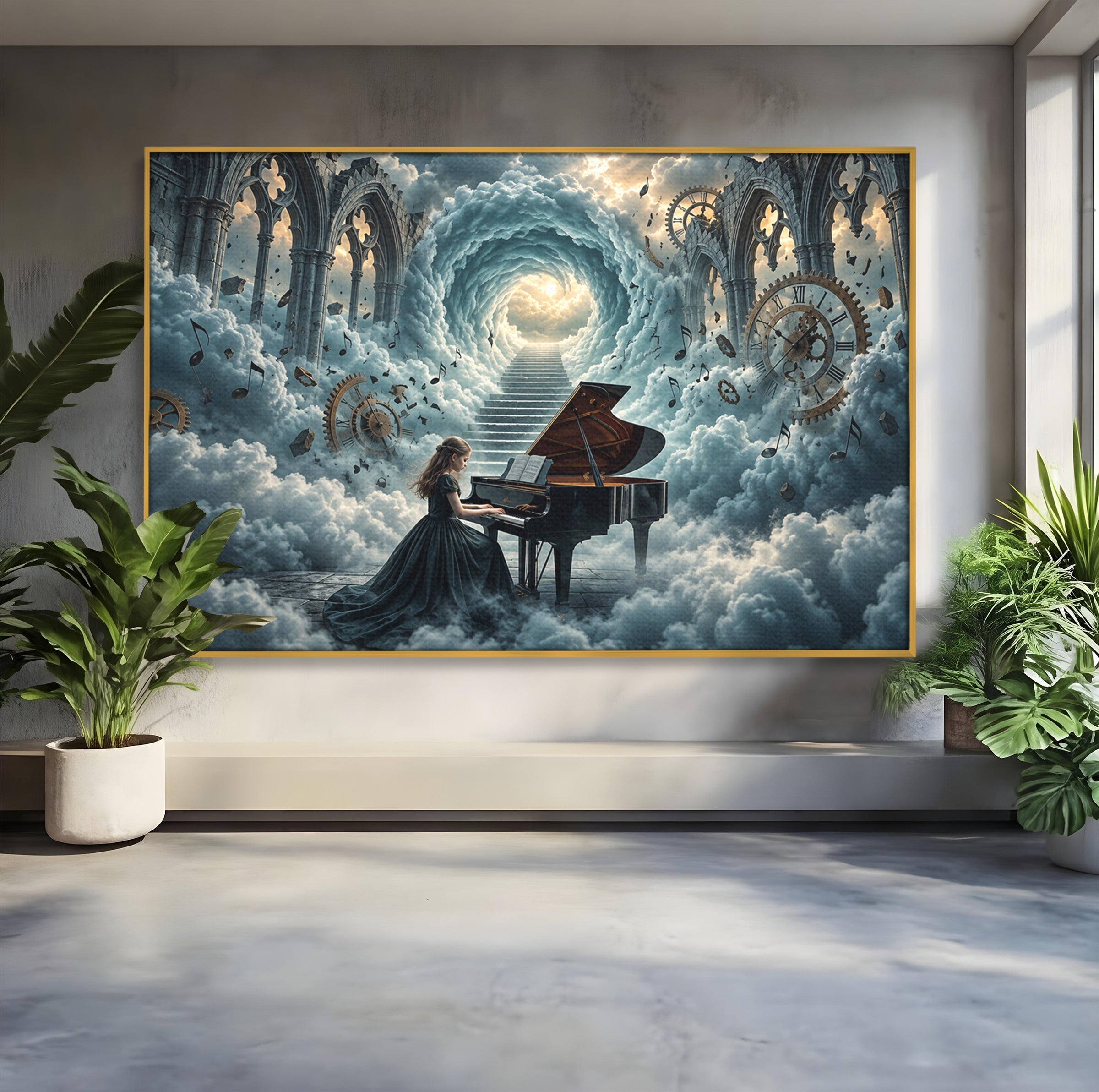 Tablou Canvas Premium LuxCanva® U1031, Pianista In Paradis, Fantezie, Nori, Muzica, Arta, Pian, Living, Vis, Culori Vibrante